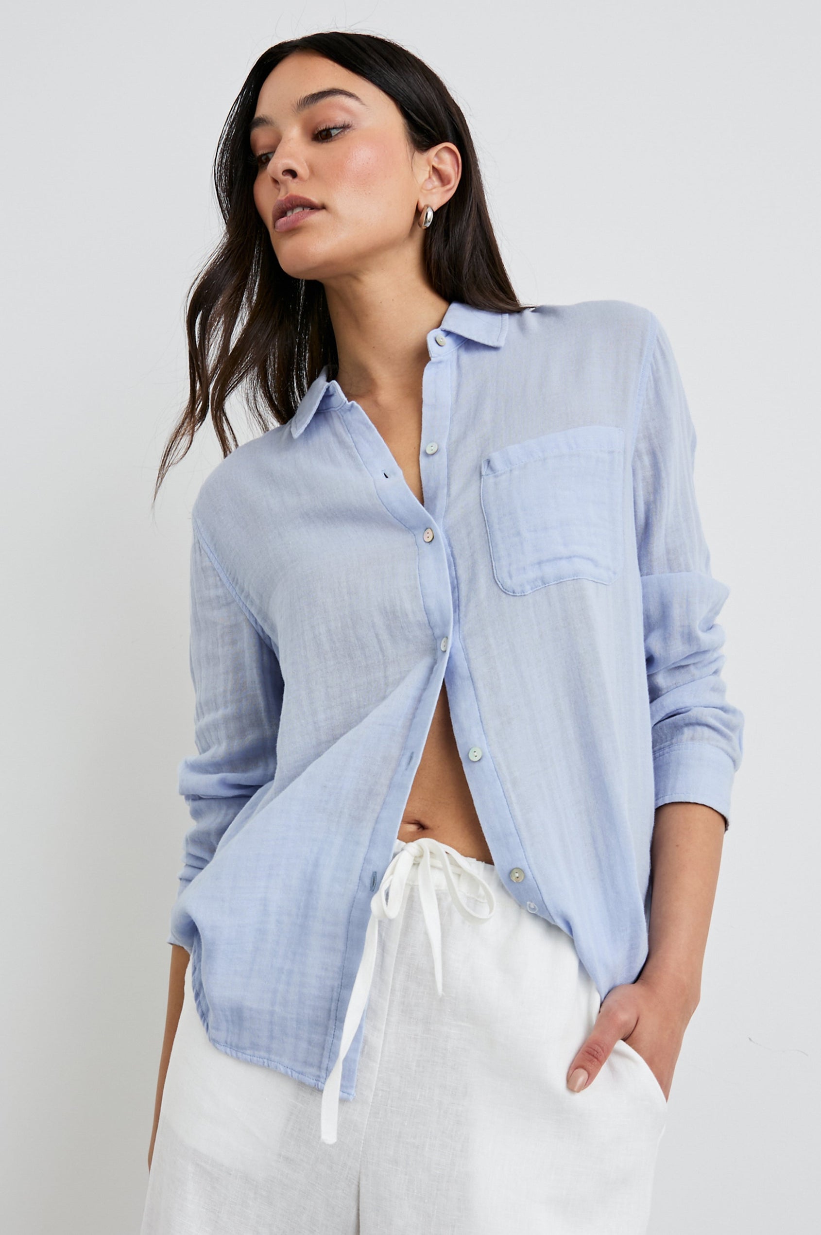 Ellis Long-Sleeve Button Down with Cuffs and a Patch Chest Pocket in Bluebell Colorway - Front Untucked View Featured on Model