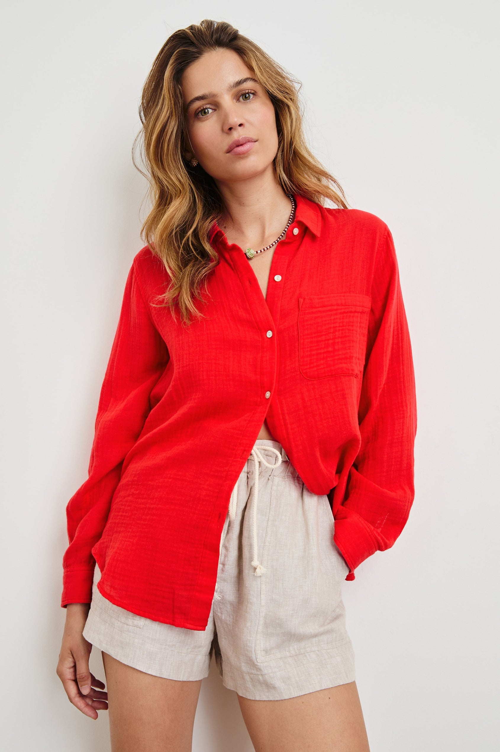 Ellis long sleeve loose fitting button up with single chest pocket in Cherry -  front view on model
