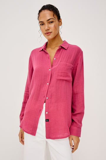 Ellis Button-Up Shirt in Organic Cotton Gauze With Relaxed Fit Chest Patch Pocket and Long Sleeves in Dark Rose Colorway - Upper Body Front View Featured on Model