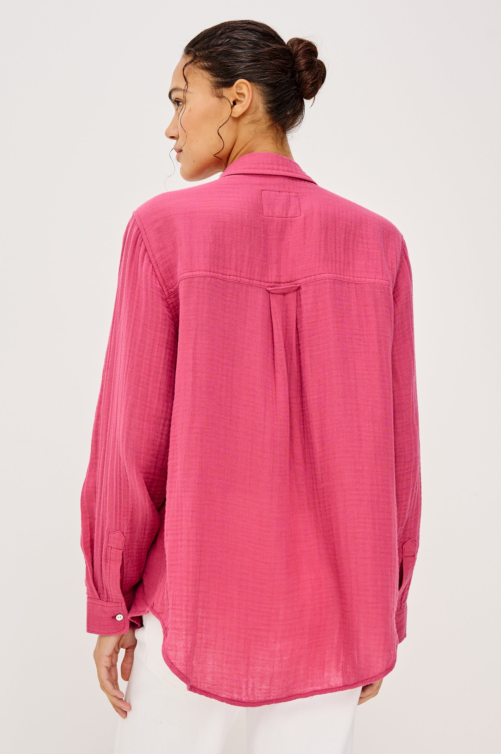 Ellis Button-Up Shirt in Organic Cotton Gauze With Relaxed Fit Chest Patch Pocket and Long Sleeves in Dark Rose Colorway - Upper Body Front View Featured on Model