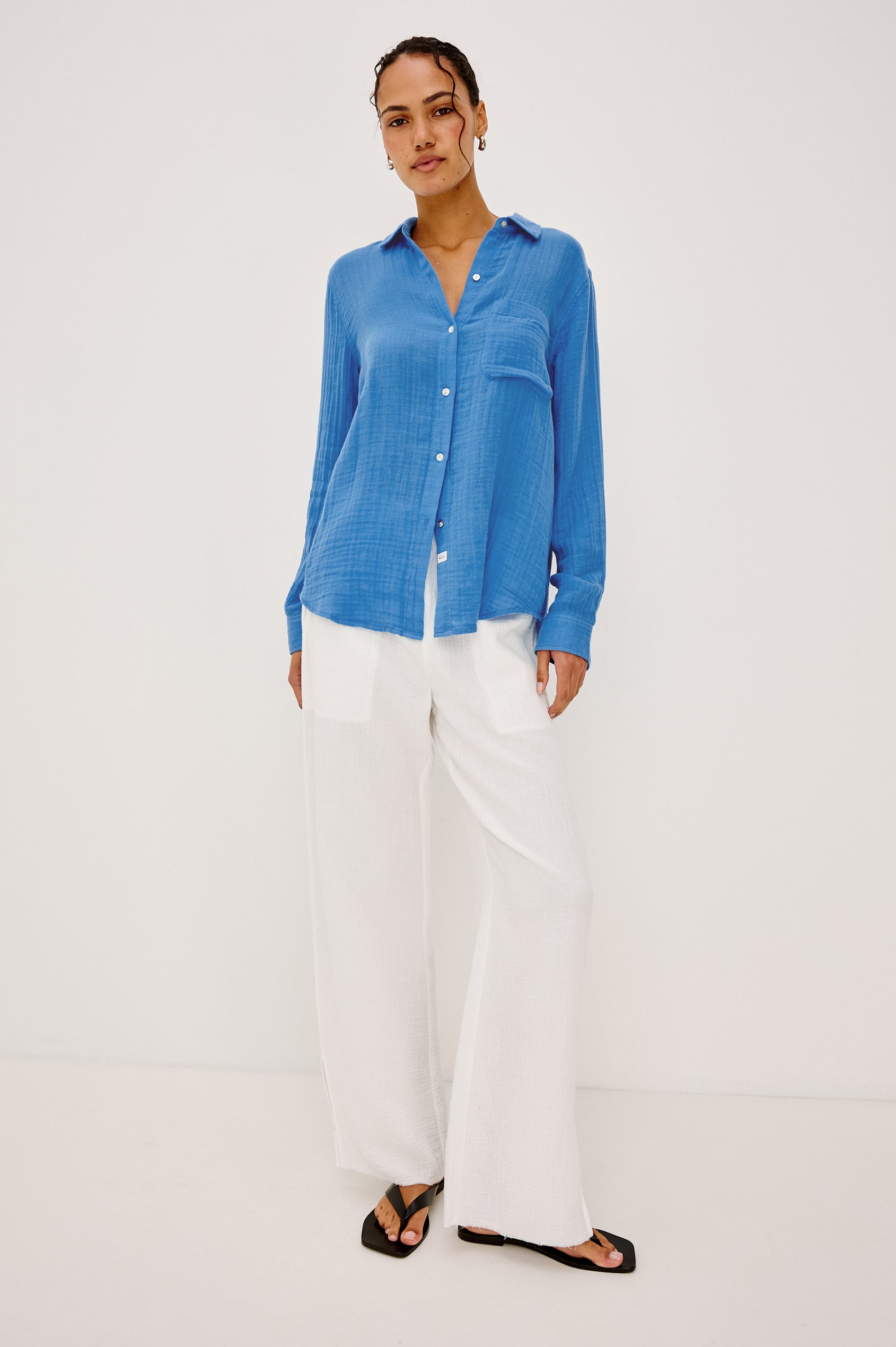 Ellis Button-Up Shirt in Organic Cotton Gauze With Relaxed Fit, Chest Patch Pocket, and Long Sleeves in French Blue Colorway - Full Body Front View Featured on Model