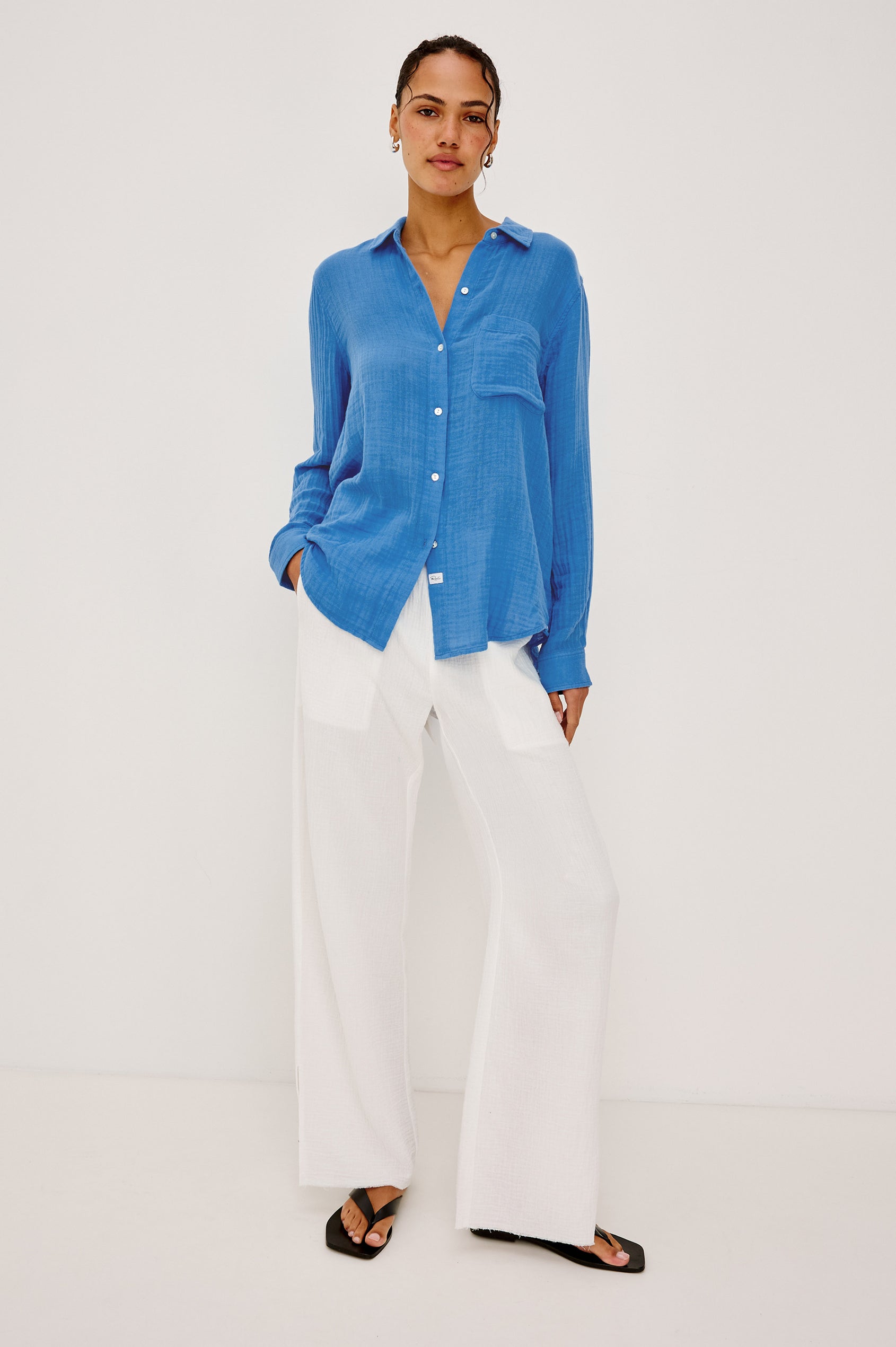 Ellis Button-Up Shirt in Organic Cotton Gauze With Relaxed Fit, Chest Patch Pocket, and Long Sleeves in French Blue Colorway - Full Body Front View Featured on Model