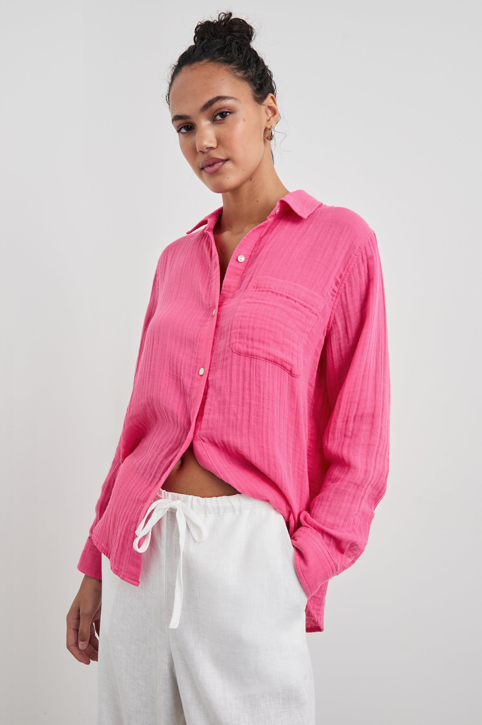 Ellis Long-Sleeve Button Down with Cuffs and a Patch Chest Pocket in Hibiscus Colorway - Front tucked View Featured on Model