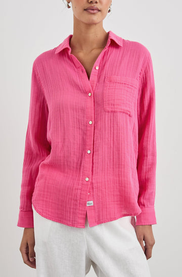 Ellis Long-Sleeve Button Down with Cuffs and a Patch Chest Pocket in Hibiscus Colorway - Front Untucked View Featured on Model