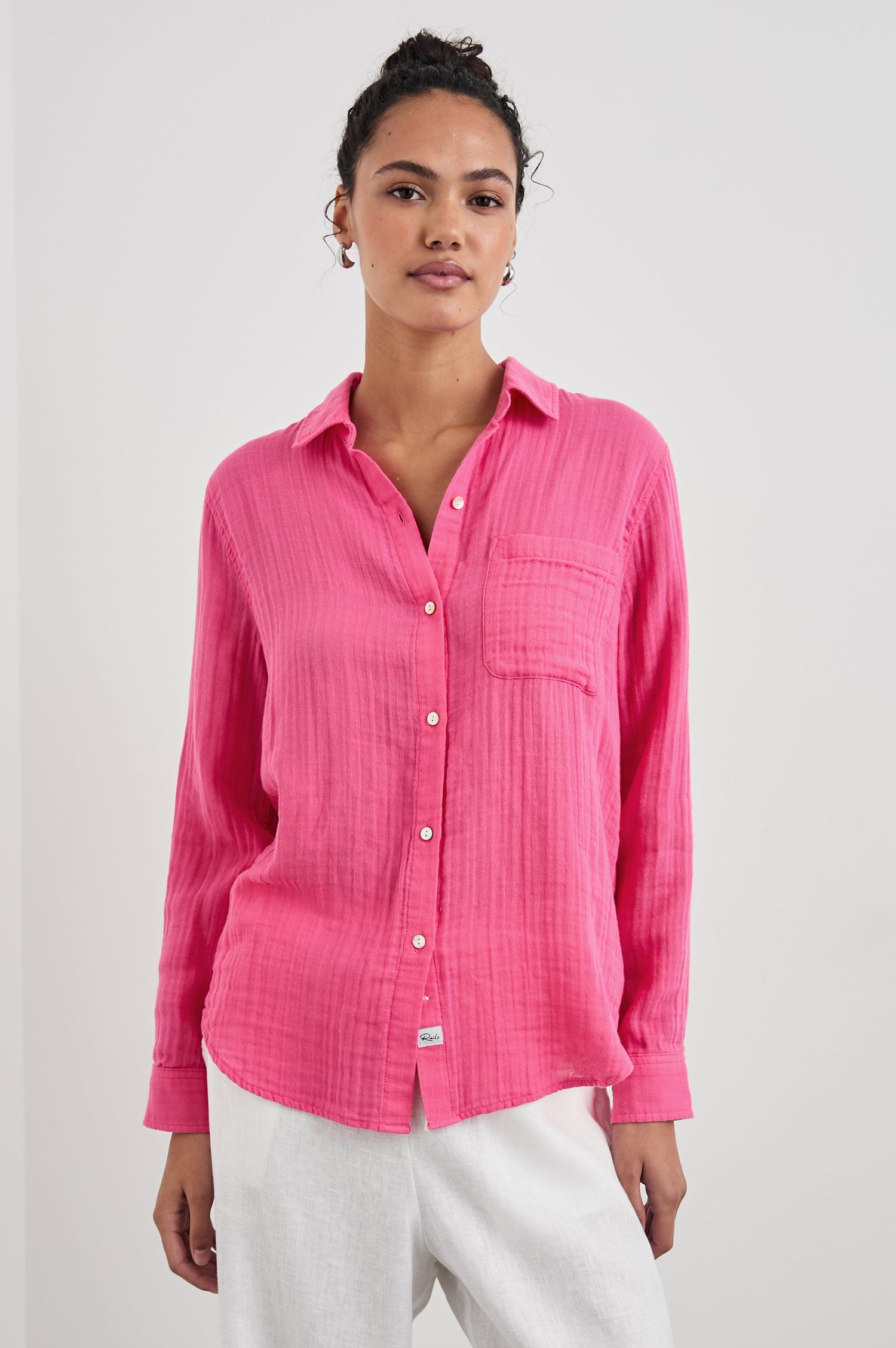 Ellis Long-Sleeve Button Down with Cuffs and a Patch Chest Pocket in Hibiscus Colorway - Front Untucked View Featured on Model