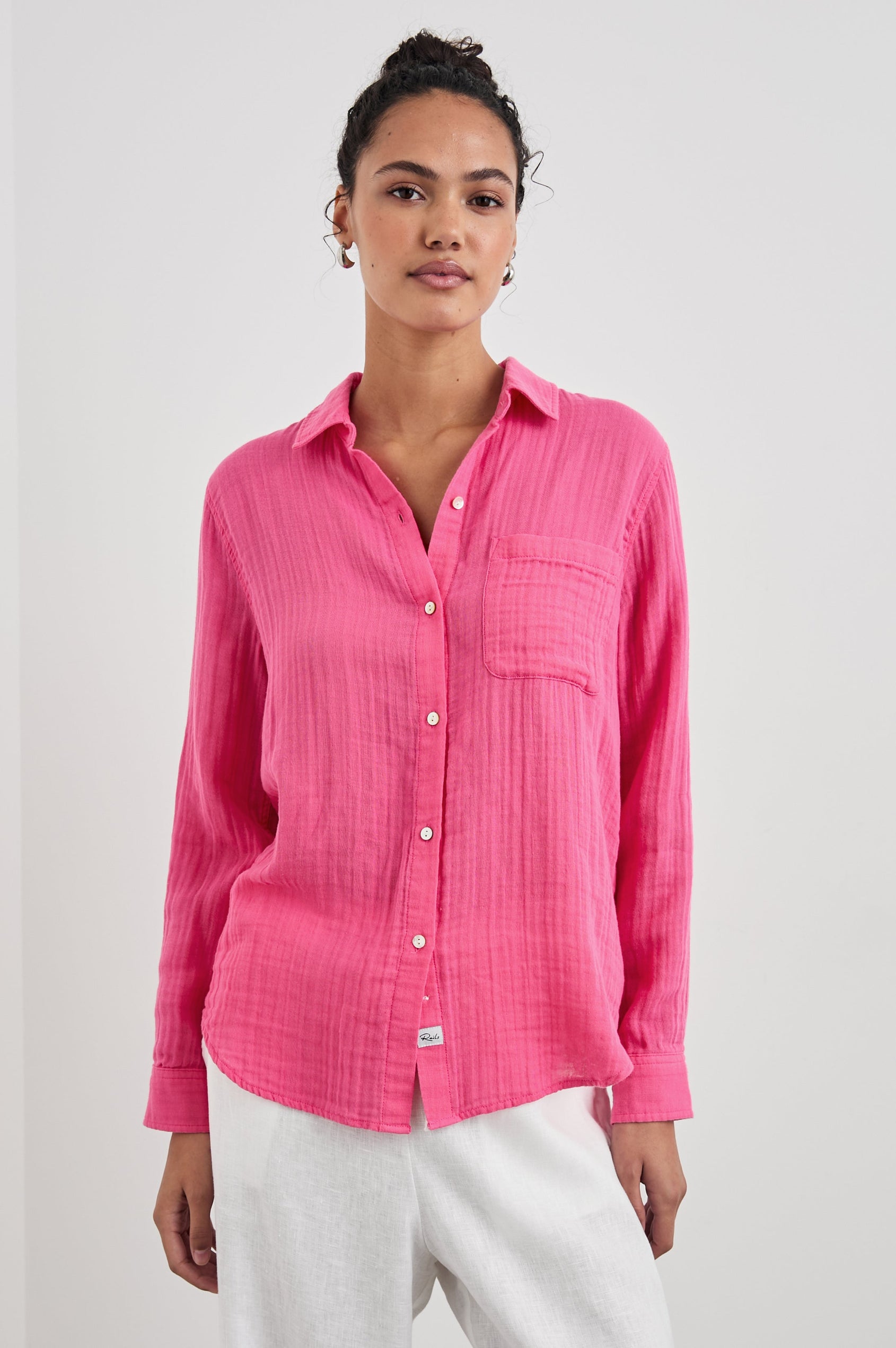 Ellis Long-Sleeve Button Down with Cuffs and a Patch Chest Pocket in Hibiscus Colorway - Front Untucked View Featured on Model