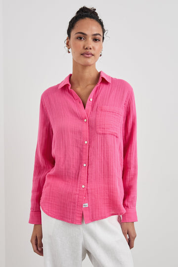 Ellis Long-Sleeve Button Down with Cuffs and a Patch Chest Pocket in Hibiscus Colorway - Front Untucked View Featured on Model