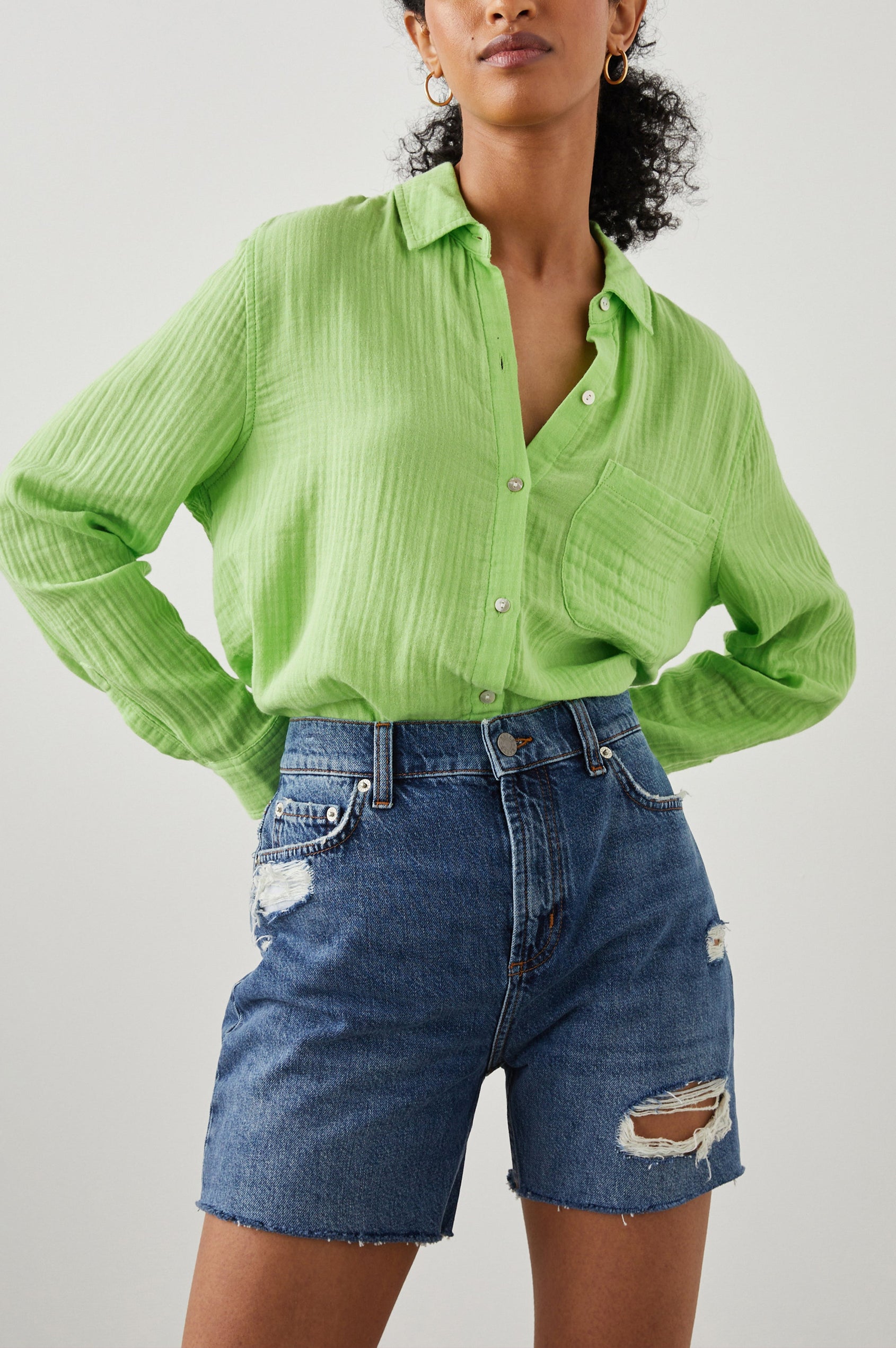 Ellis Long-Sleeve Button Down with Cuffs and a Patch Chest Pocket in Jade Lime Colorway - Front tucked View Featured on Model