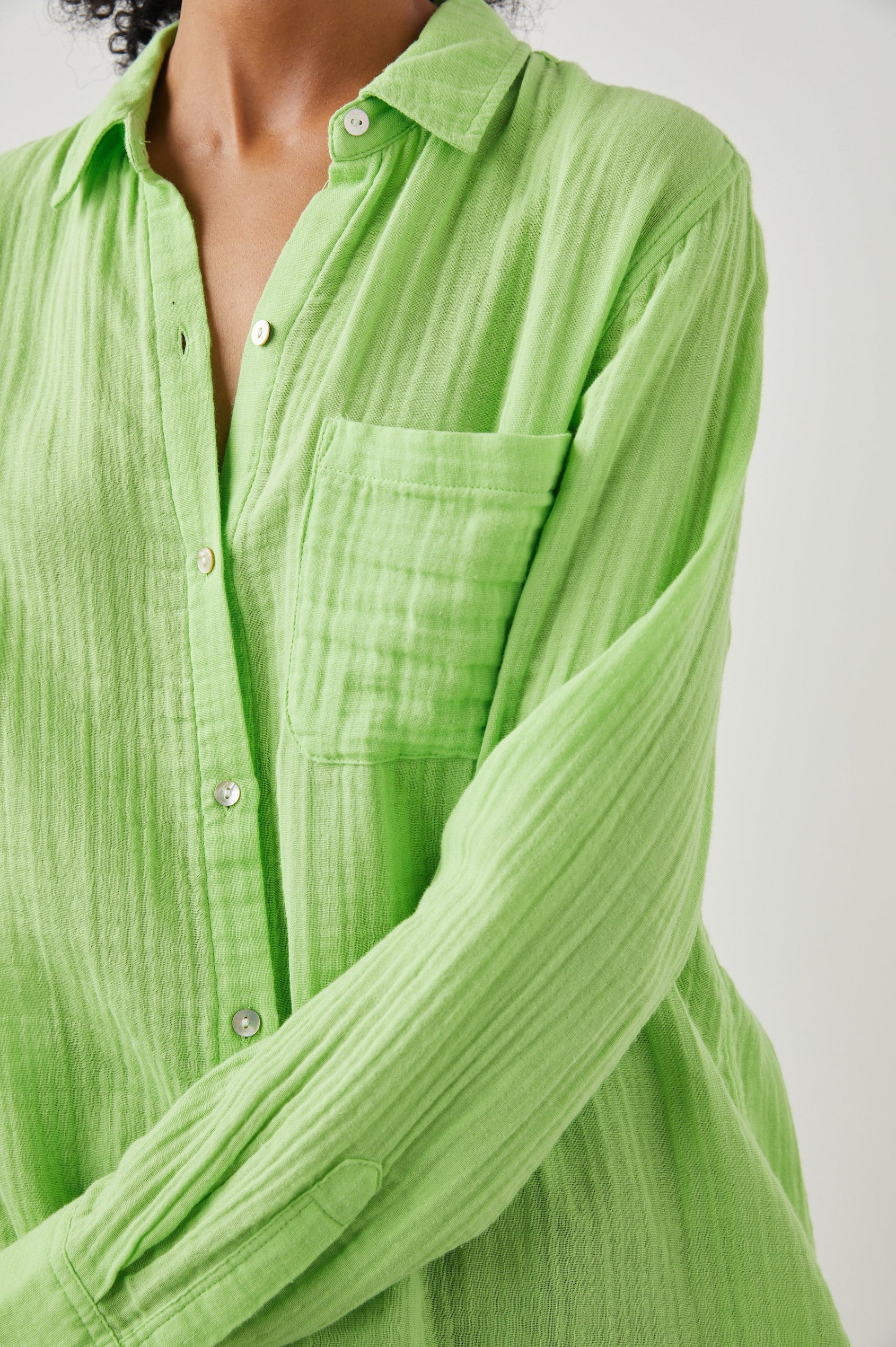 Ellis Long-Sleeve Button Down with Cuffs and a Patch Chest Pocket in Jade Lime Colorway - Front untucked View Featured on Model