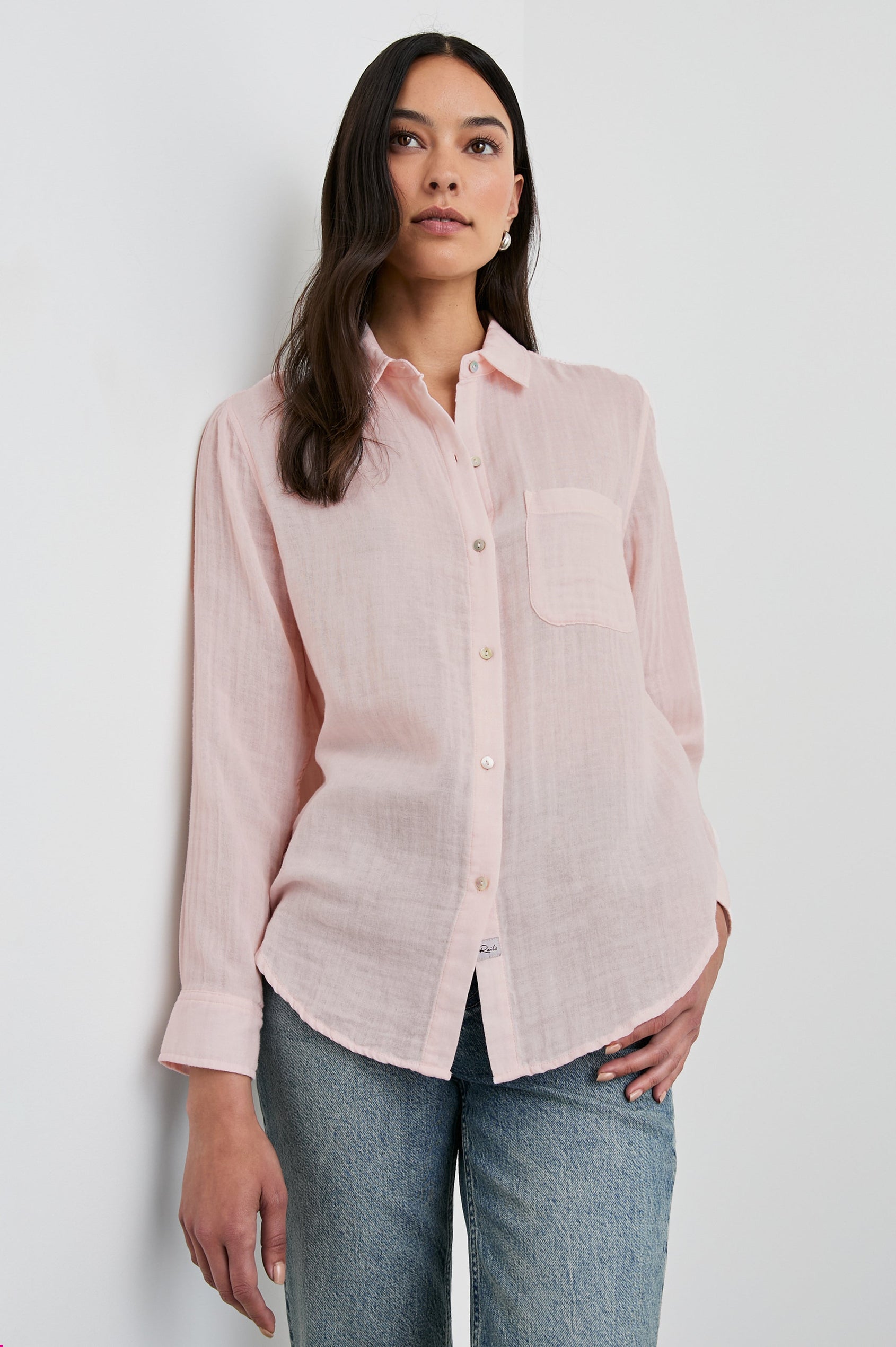 Ellis Long-Sleeve Button Down with Cuffs and a Patch Chest Pocket in Petal Colorway - Front Untucked View Featured on Model
