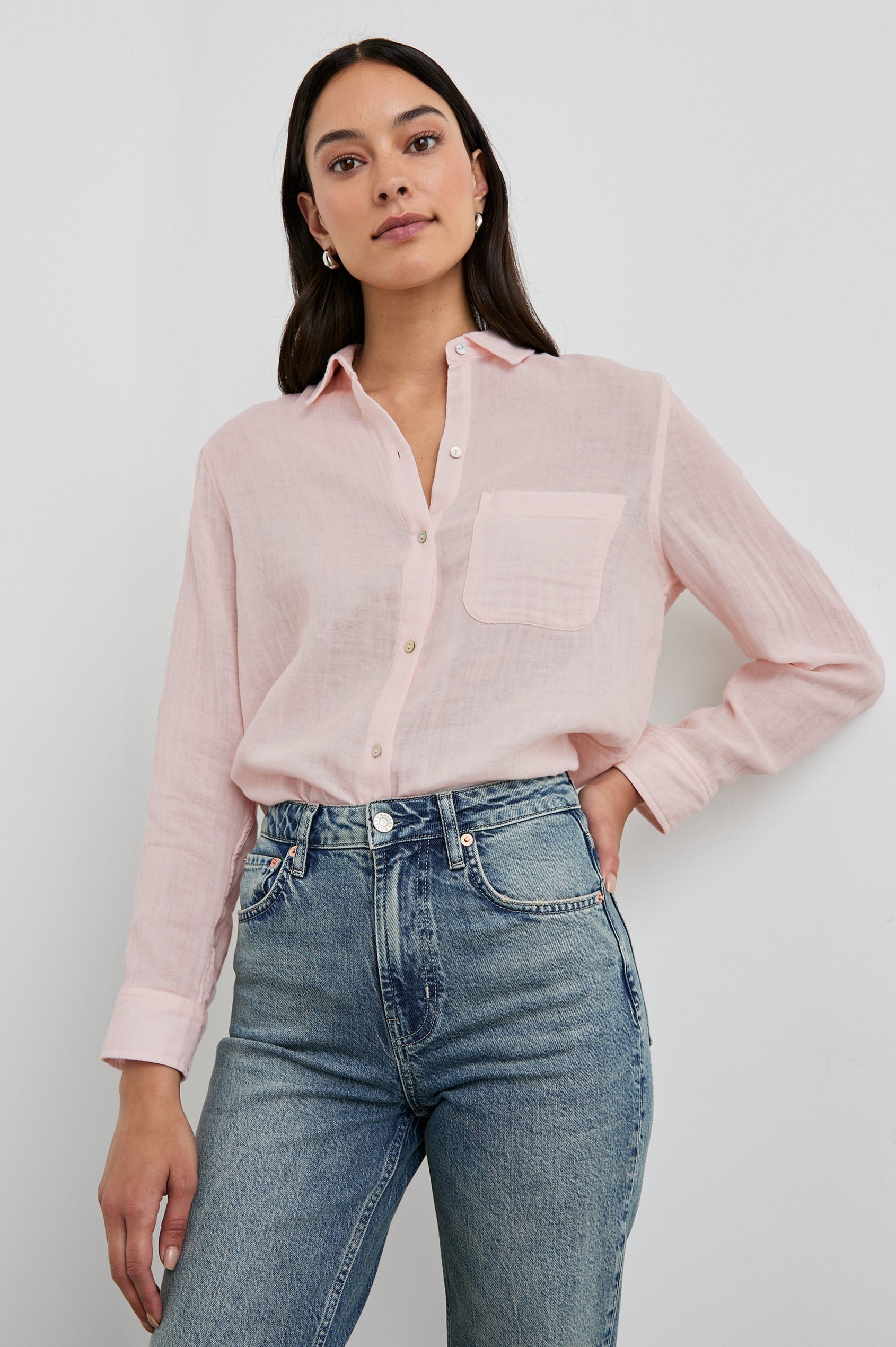 Ellis Long-Sleeve Button Down with Cuffs and a Patch Chest Pocket in Petal Colorway - Front tucked View Featured on Model