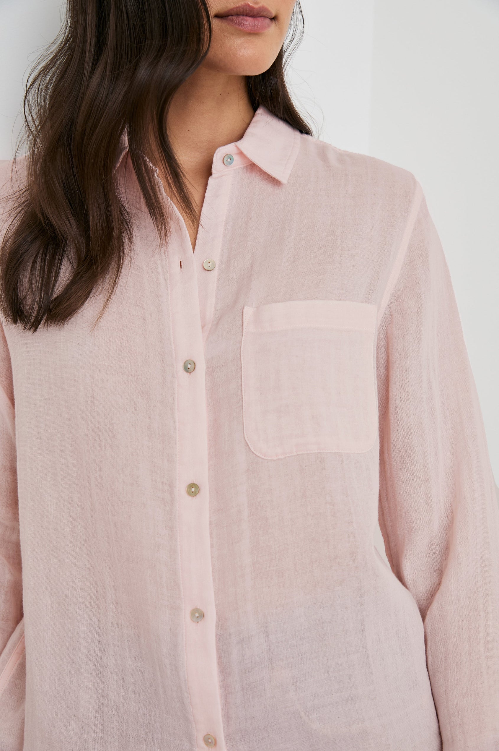 Ellis Long-Sleeve Button Down with Cuffs and a Patch Chest Pocket in Petal Colorway - Front View Featured on Model