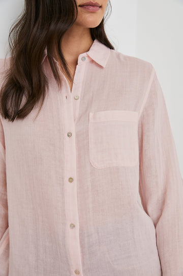 Ellis Long-Sleeve Button Down with Cuffs and a Patch Chest Pocket in Petal Colorway - Front View Featured on Model