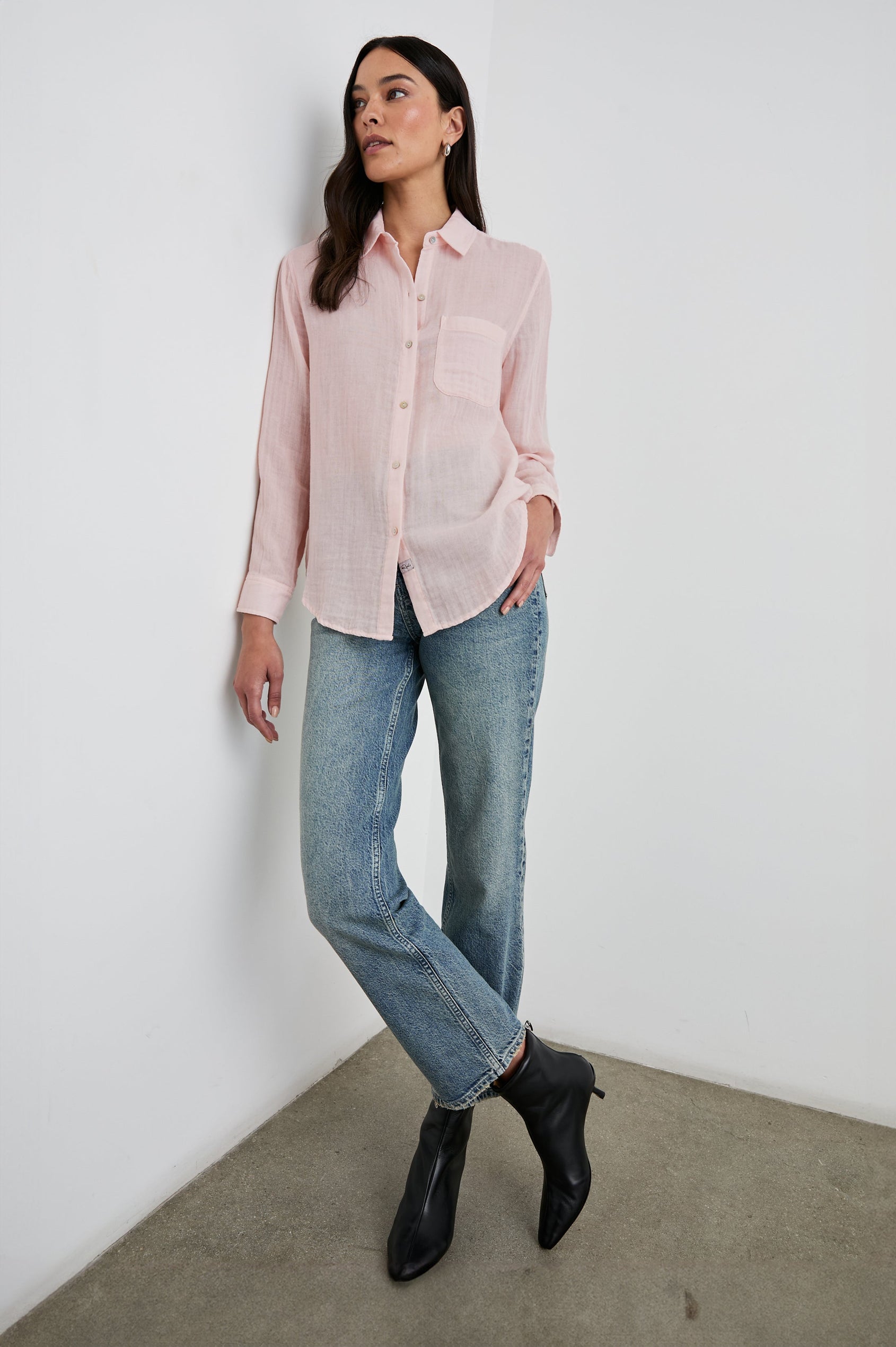 Ellis Long-Sleeve Button Down with Cuffs and a Patch Chest Pocket in Petal Colorway - Front Untucked Full Body View Featured on Model