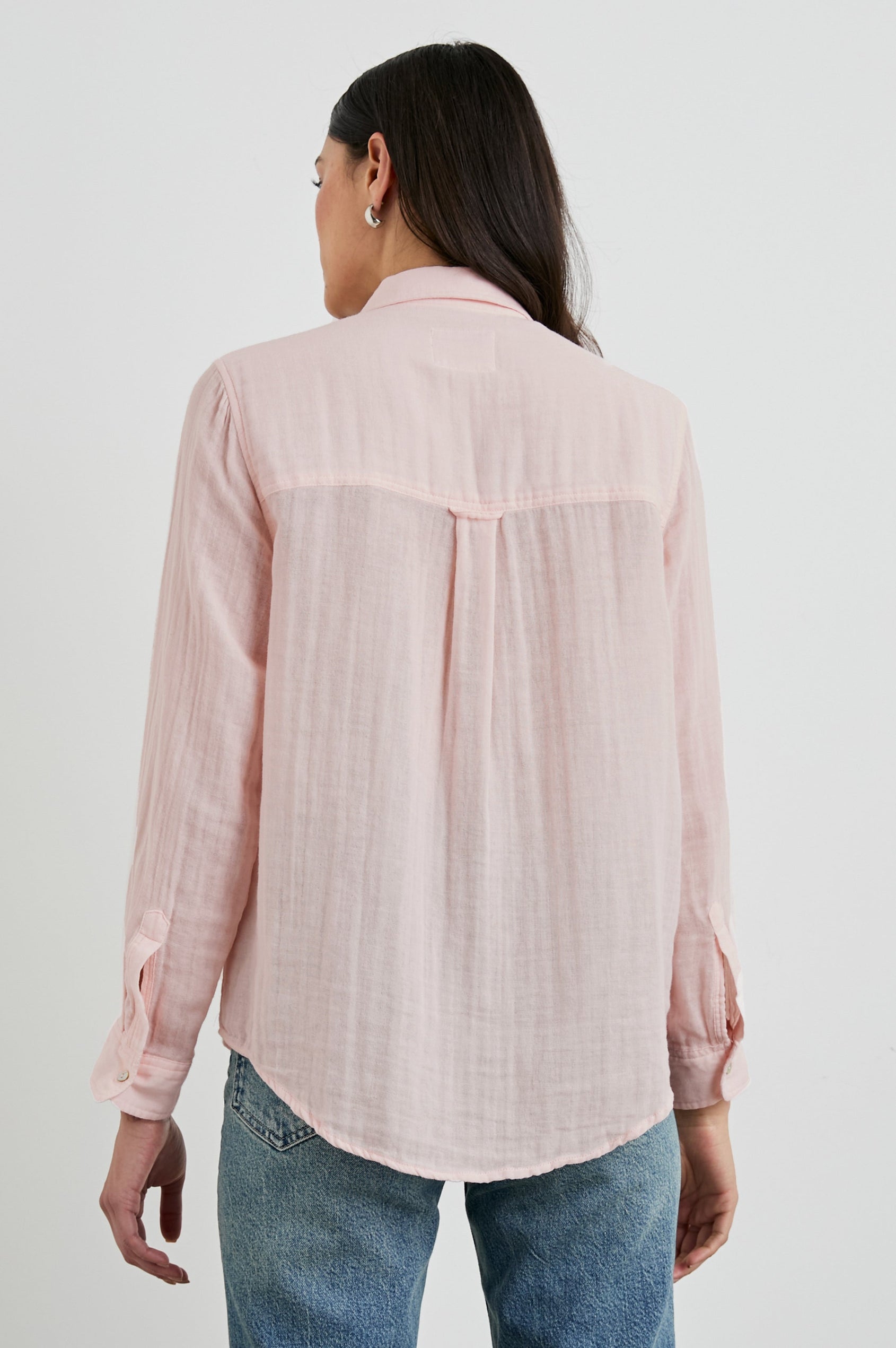 Ellis Long-Sleeve Button Down with Cuffs and a Patch Chest Pocket in Petal Colorway - Back Untucked View Featured on Model