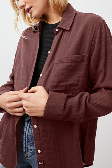 Ellis Long-Sleeve Button Down with Cuffs and a Patch Chest Pocket in Russet  Colorway - Front Unbuttoned View Featured on Model