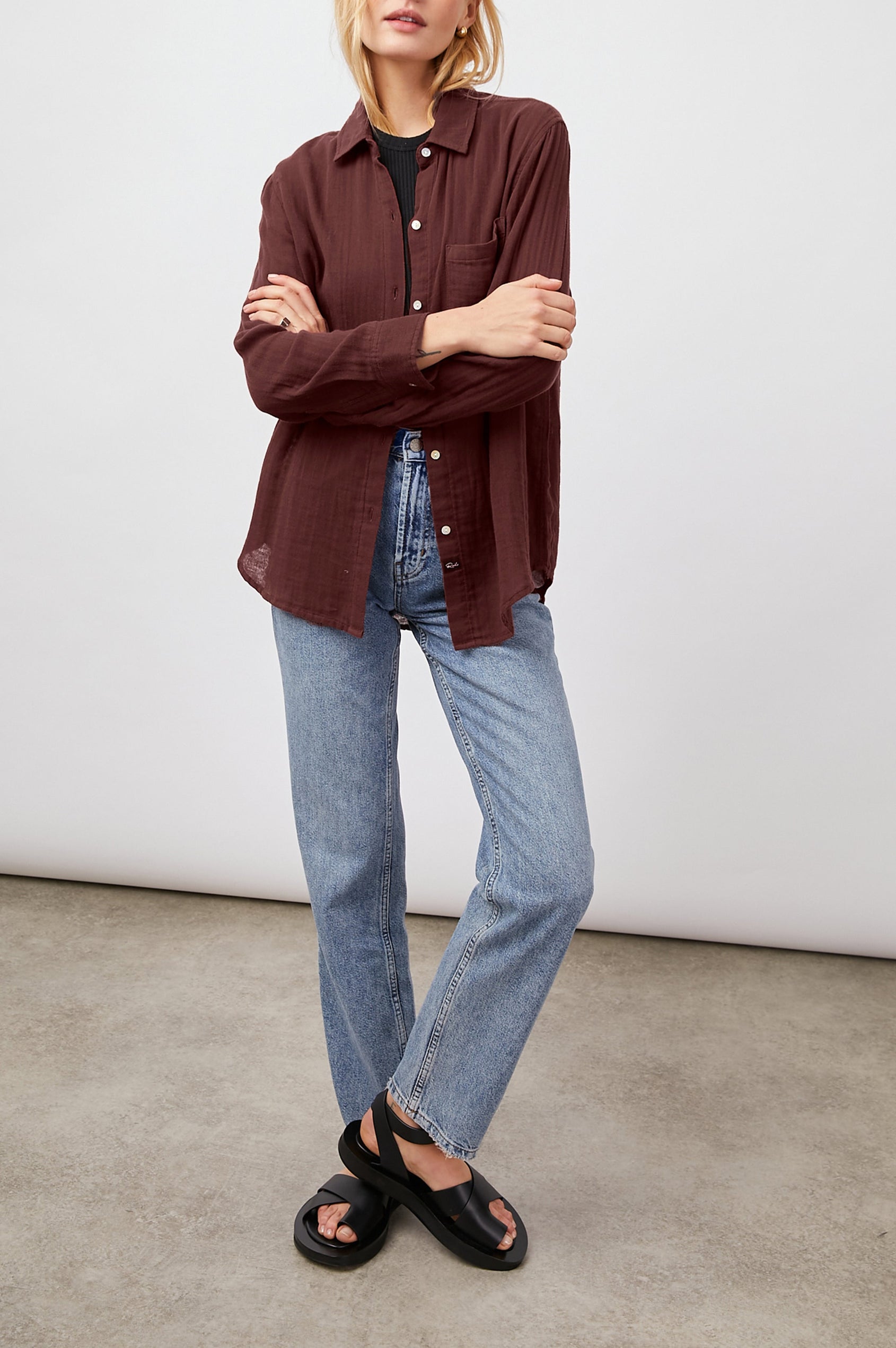 Ellis Long-Sleeve Button Down with Cuffs and a Patch Chest Pocket in Russet Colorway - Front Unbuttoned View Featured on Model