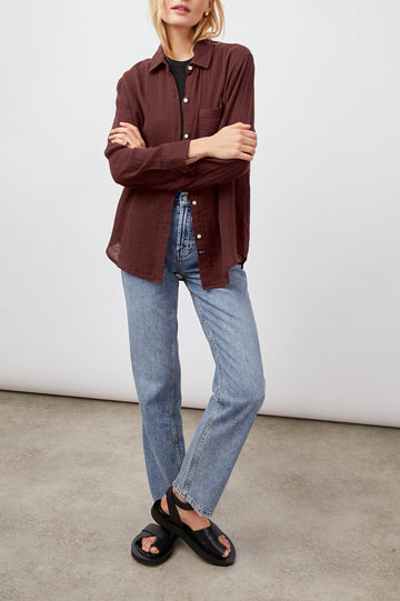 Ellis Long-Sleeve Button Down with Cuffs and a Patch Chest Pocket in Russet Colorway - Front Unbuttoned View Featured on Model