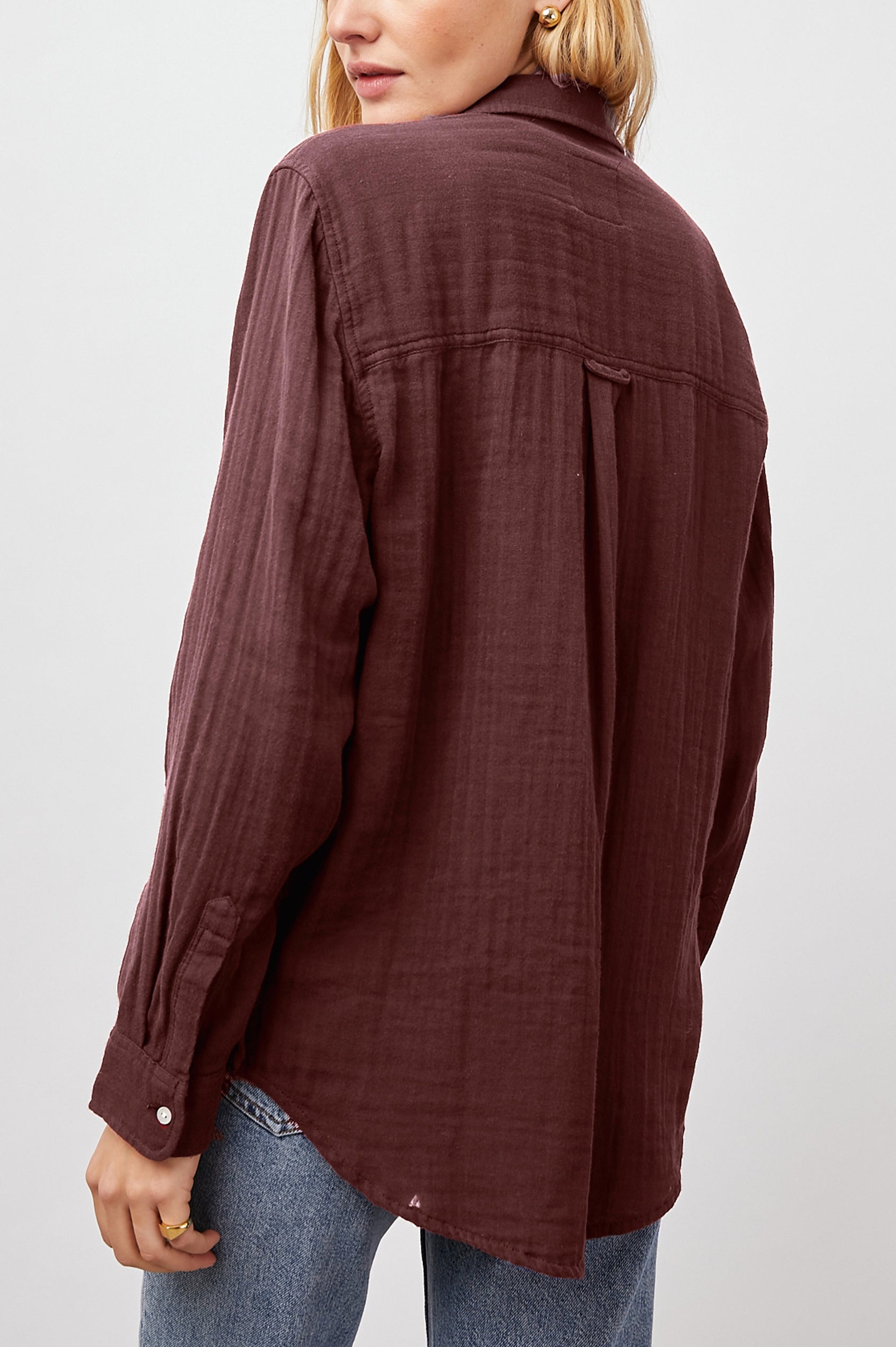 Ellis Long-Sleeve Button Down with Cuffs and a Patch Chest Pocket in Russet  Colorway - Back View Featured on Model