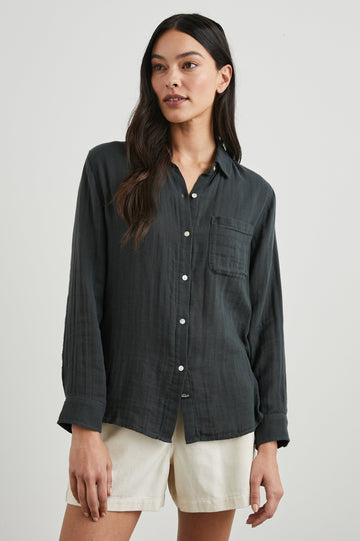Ellis Long-Sleeve Button Down with Cuffs and a Patch Chest Pocket in Washed Black Colorway - Front View Featured on Model