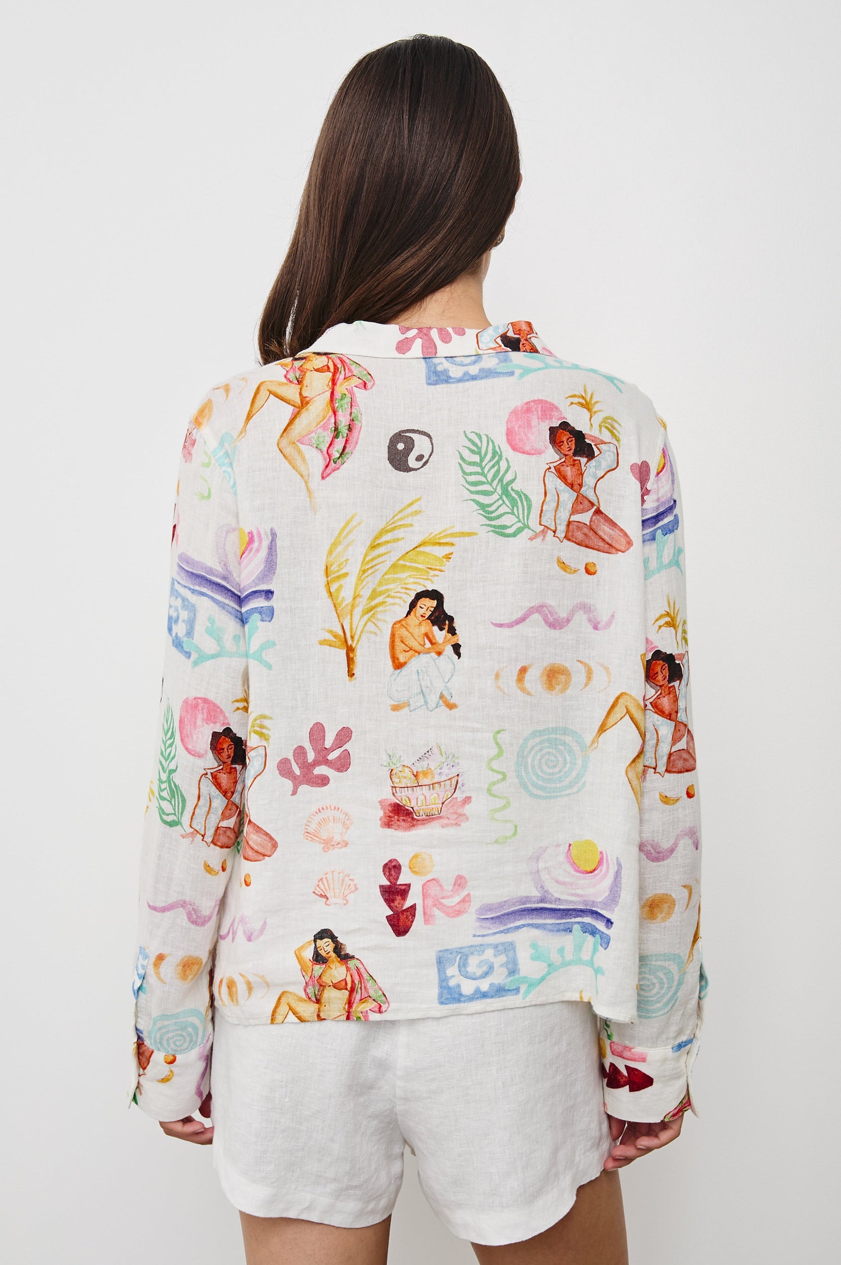 Elm Collared  V-Neck Tie Front Top with Long Sleeves in Ivory Ladies Bathing Colorway. Back View Shown on Model.