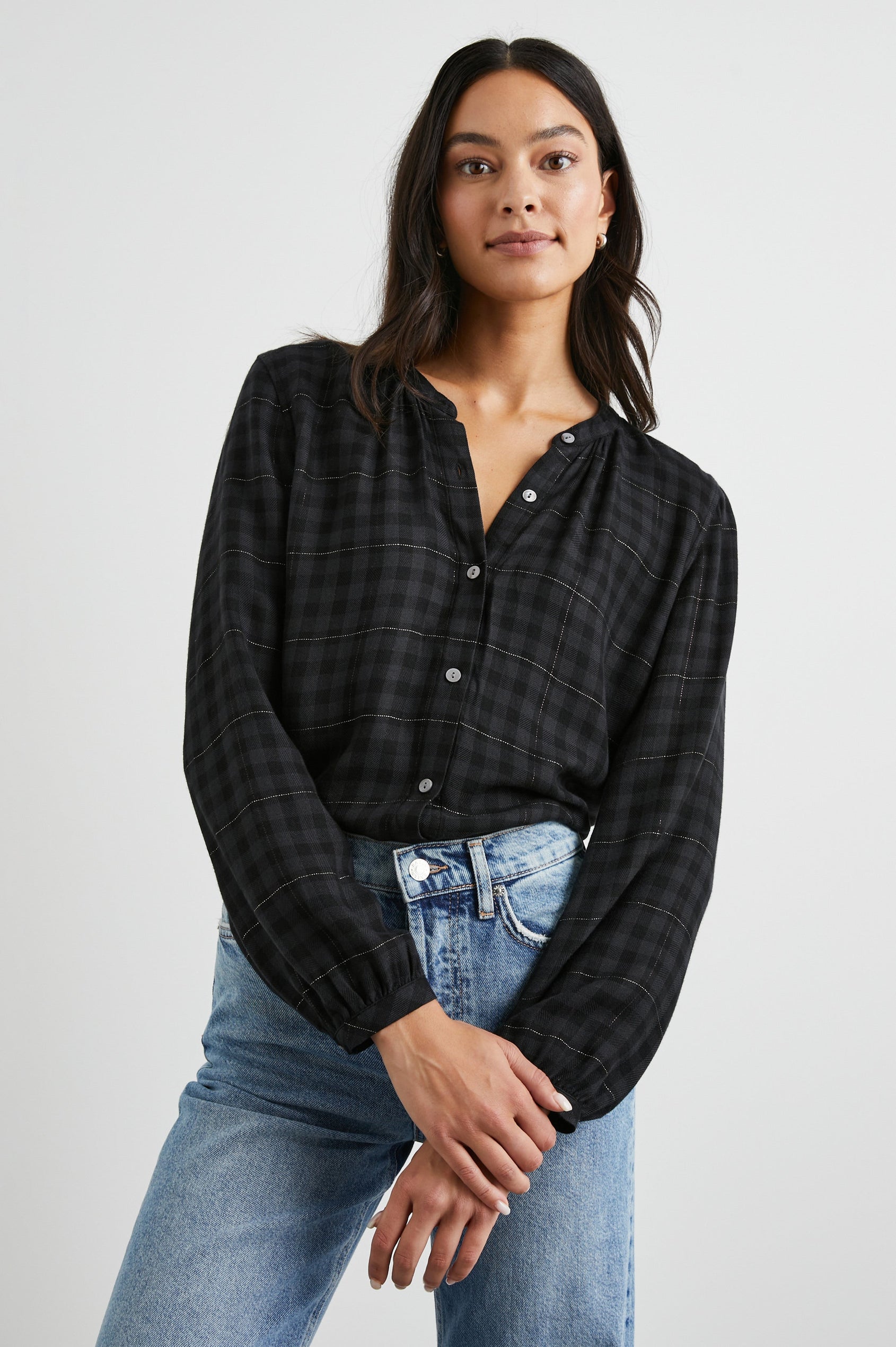 Eloise Long-Sleeve Button Up with an Open Collar in Onyx Lurex Colorway, a plaid - Front Tucked View Featured on Model