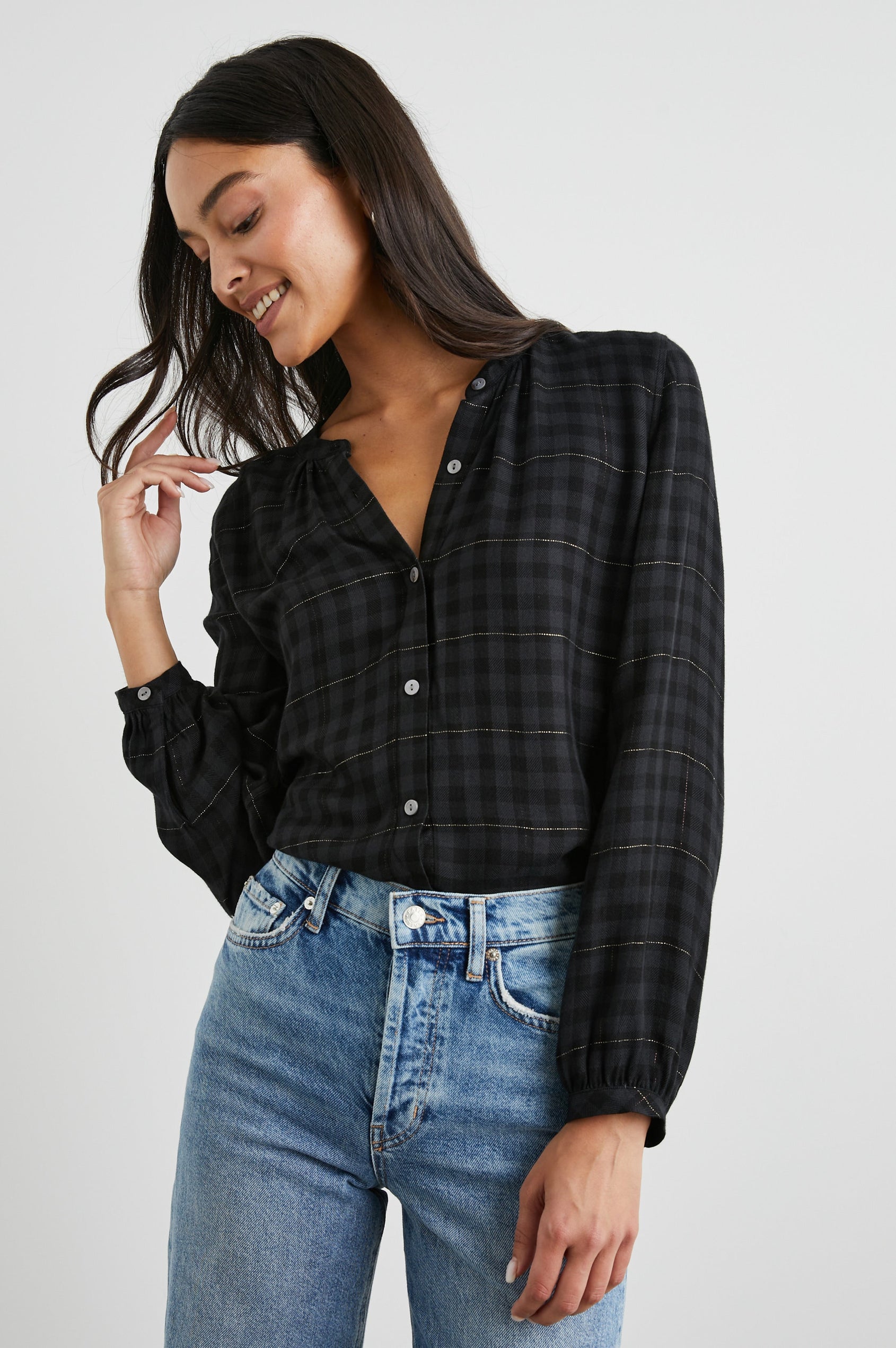 Eloise Long-Sleeve Button Up with an Open Collar in Onyx Lurex Colorway, a plaid - Front Tucked View Featured on Model