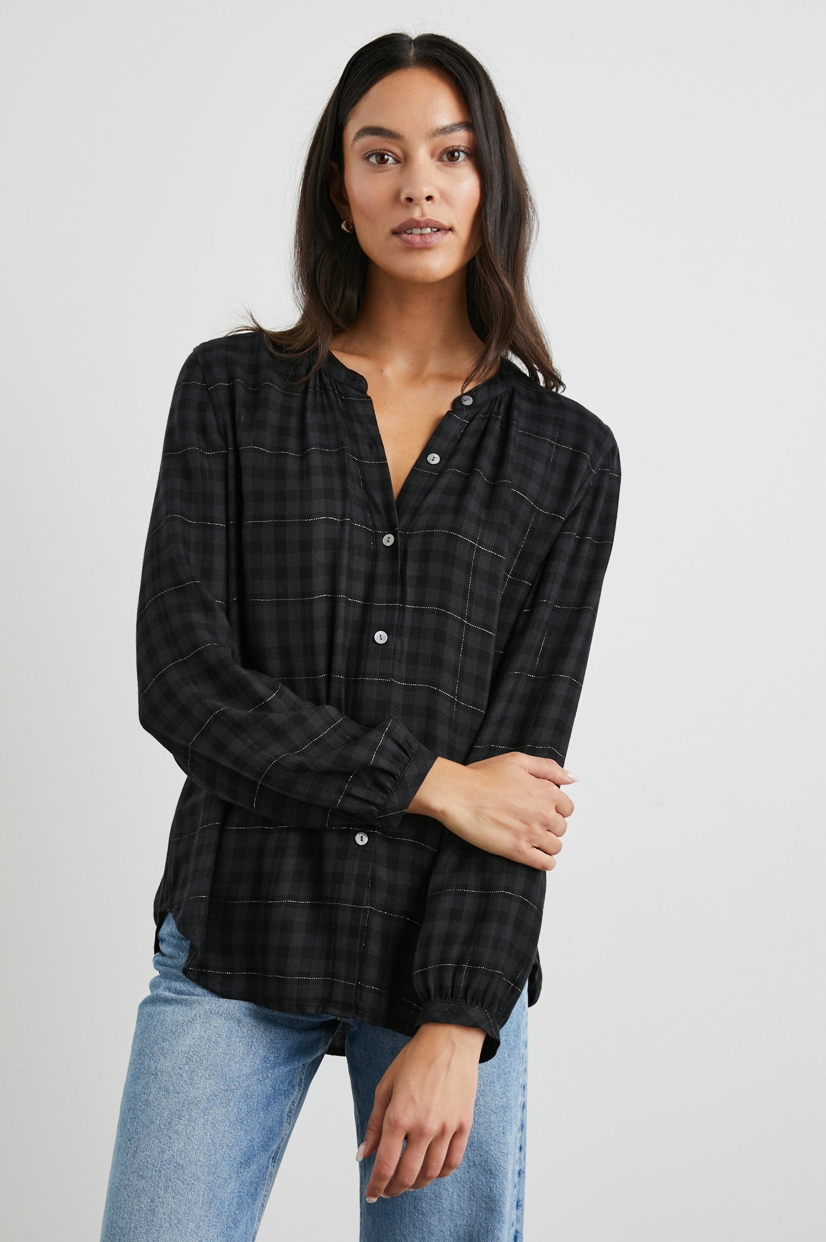 Eloise Long-Sleeve Button Up with an Open Collar in Onyx Lurex Colorway, a plaid - Front View Featured on Model