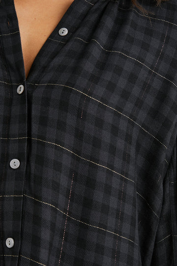 Eloise Long-Sleeve Button Up with an Open Collar in Onyx Lurex Colorway, a plaid - Front View Featured on Model