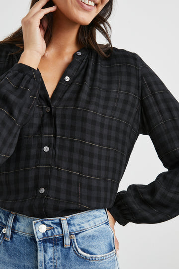 Eloise Long-Sleeve Button Up with an Open Collar in Onyx Lurex Colorway, a plaid - Front Tucked View Featured on Model