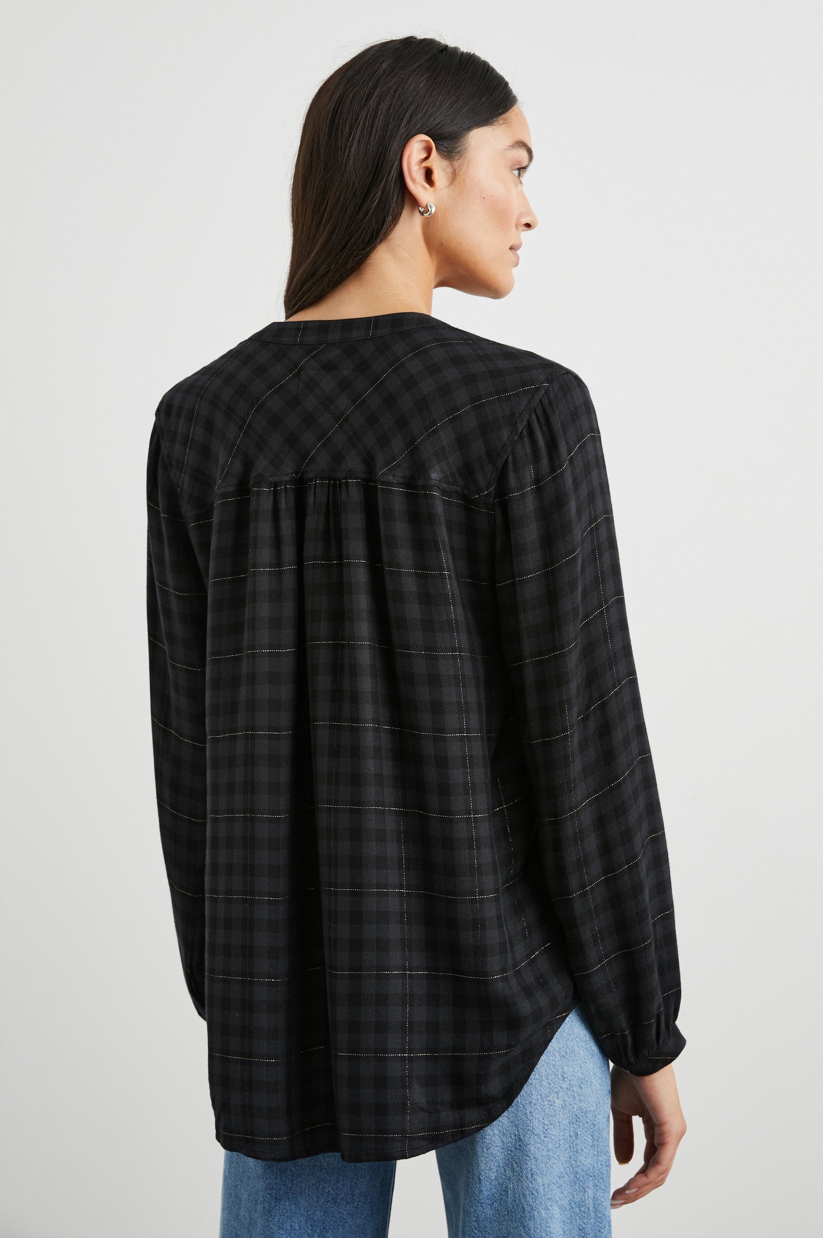 Eloise Long-Sleeve Button Up with an Open Collar in Onyx Lurex Colorway, a plaid - Back View Featured on Model