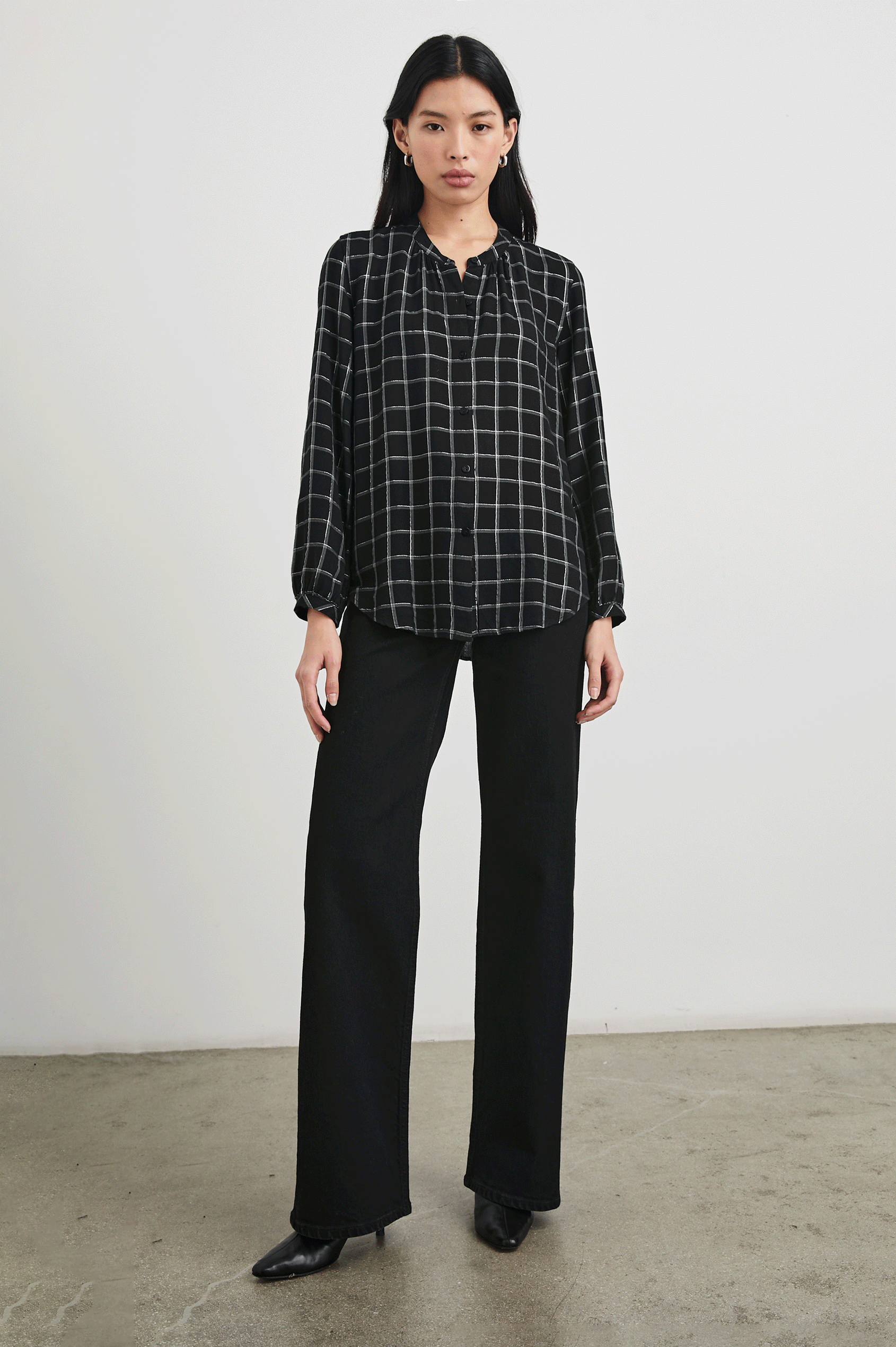 Eloise Long-Sleeve Button Up with an Open Collar in Silver Charcoal Onyx Colorway, a plaid - Front Full Body View Featured on Model