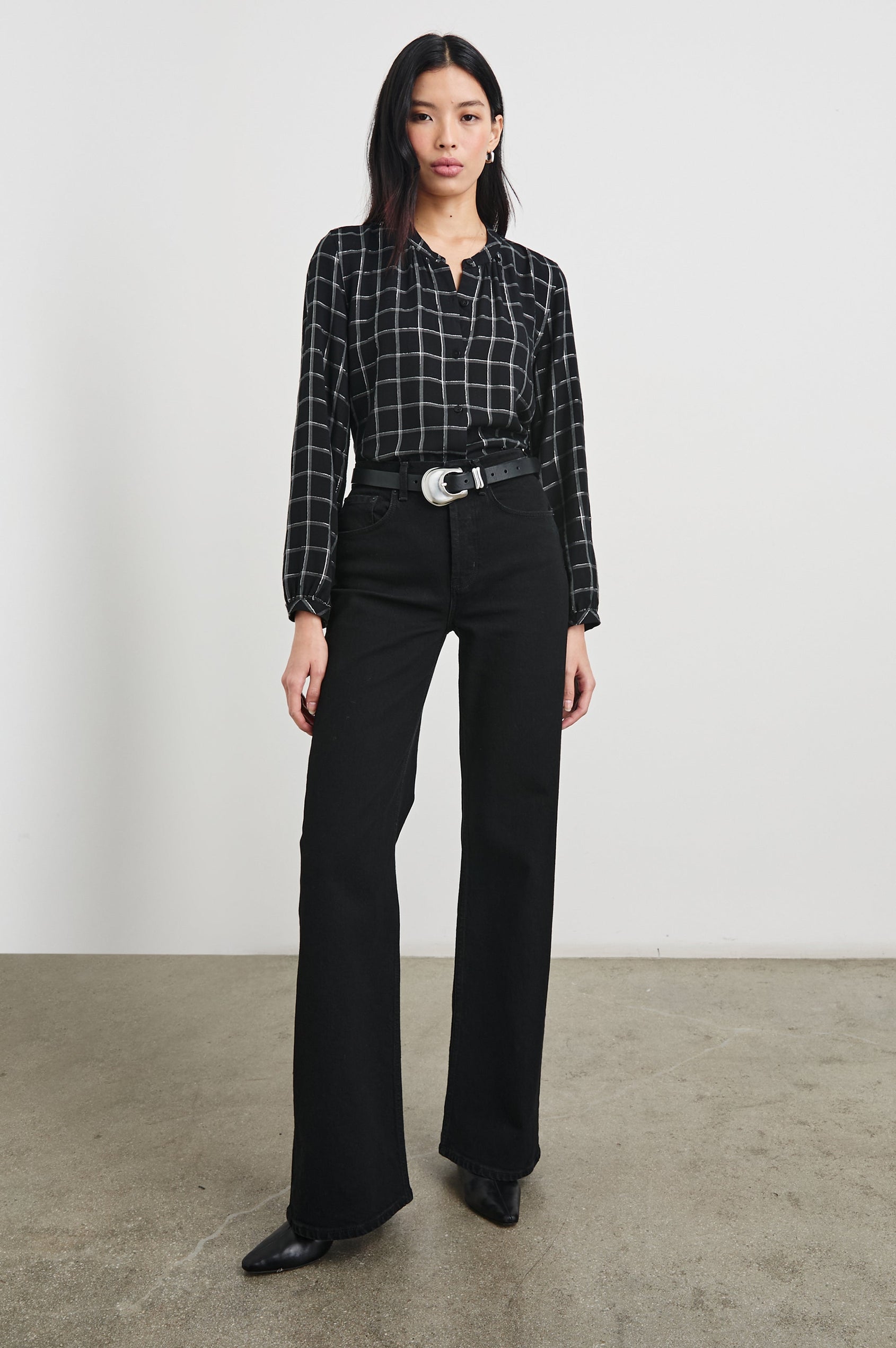 Eloise Long-Sleeve Button Up with an Open Collar in Silver Charcoal Onyx Colorway, a plaid - Front Tucked Full Body View Featured on Model