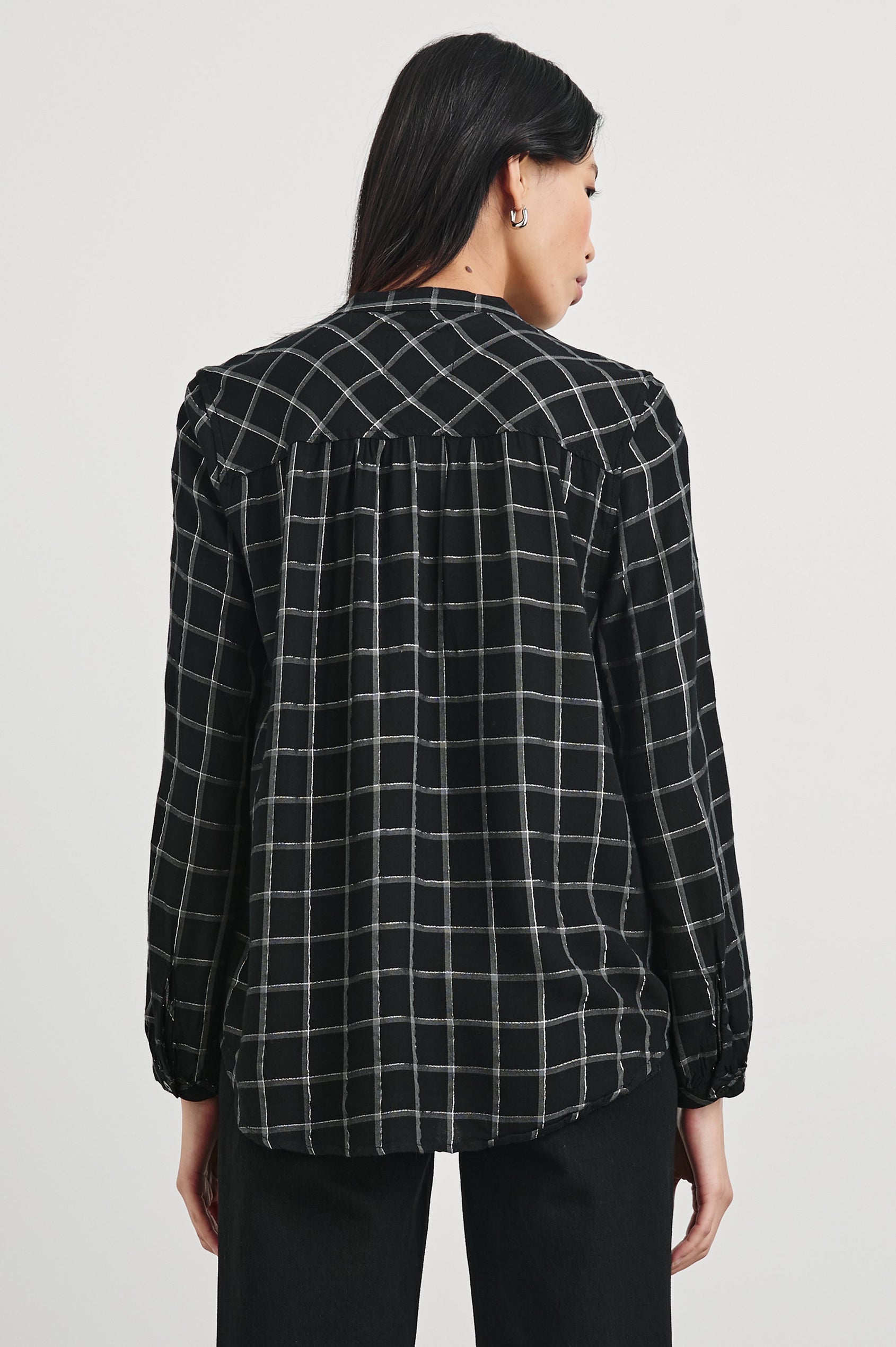 Eloise Long-Sleeve Button Up with an Open Collar in Silver Charcoal Onyx Colorway, a plaid - Back View Featured on Model