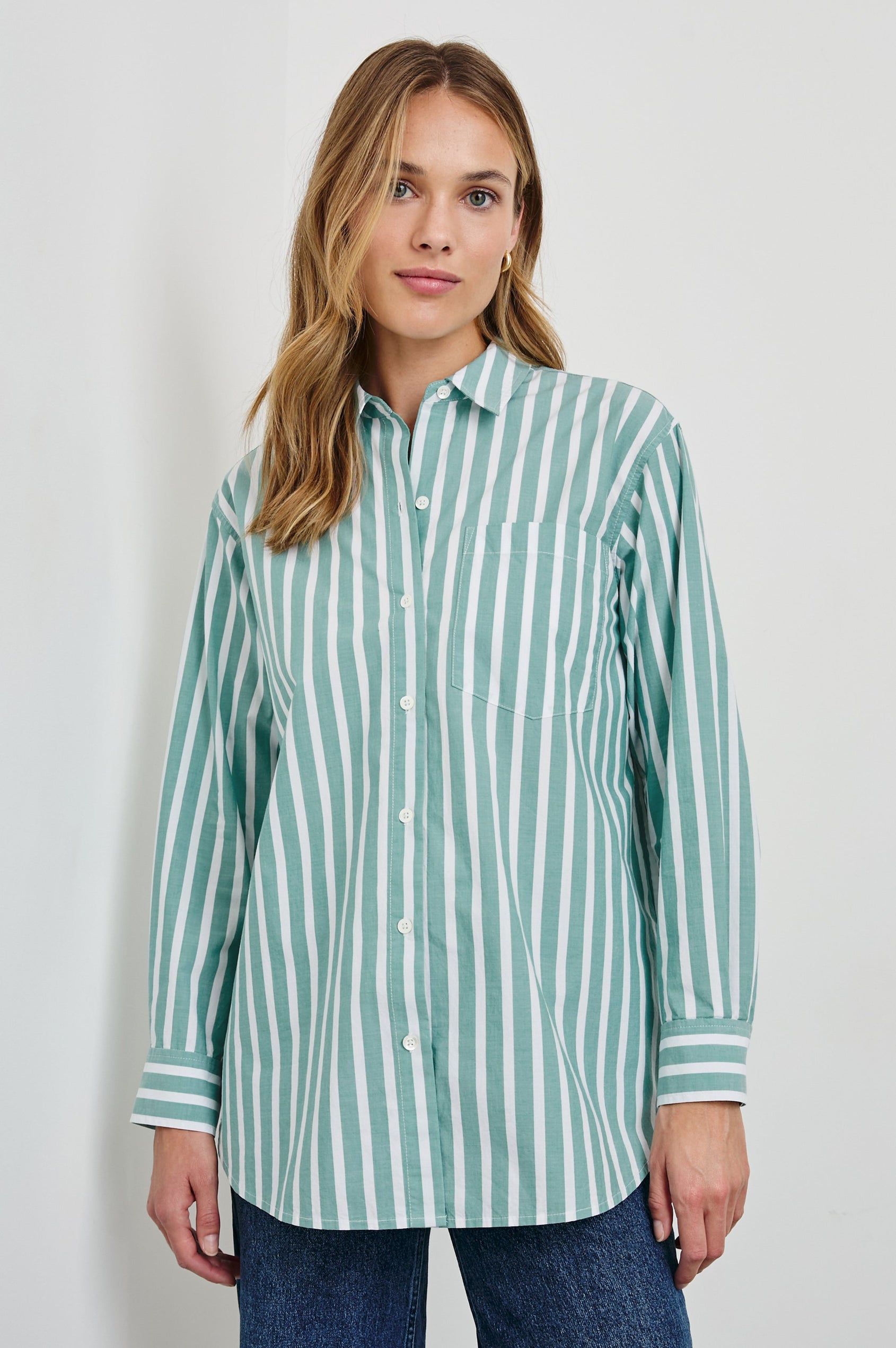 Elsa Long-Sleeve Button Down Shirt with Chest Patch Pocket in Agave White Stripe Colorway, Vertical Stripes - Front View Featured on Model