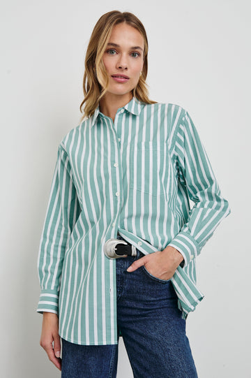 Elsa Long-Sleeve Button Down Shirt with Chest Patch Pocket in Agave White Stripe Colorway, Vertical Stripes - Front View Featured on Model