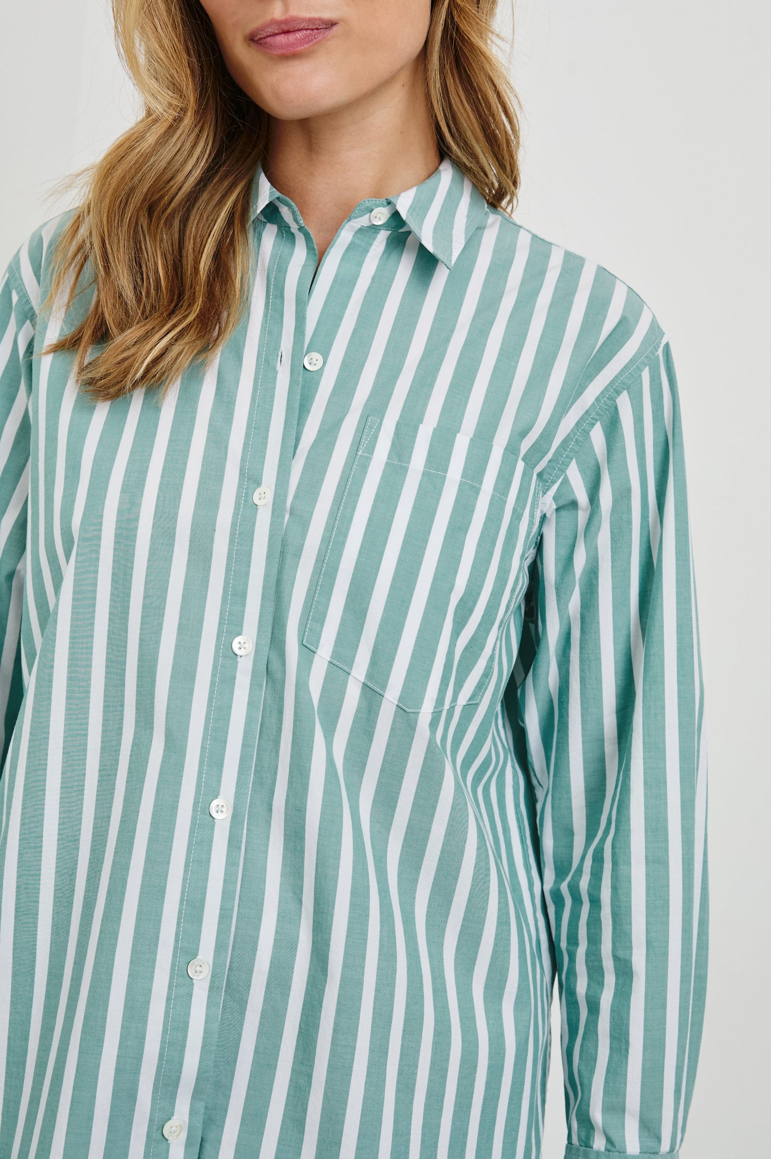 Elsa Long-Sleeve Button Down Shirt with Chest Patch Pocket in Agave White Stripe Colorway, Vertical Stripes - Front View Featured on Model