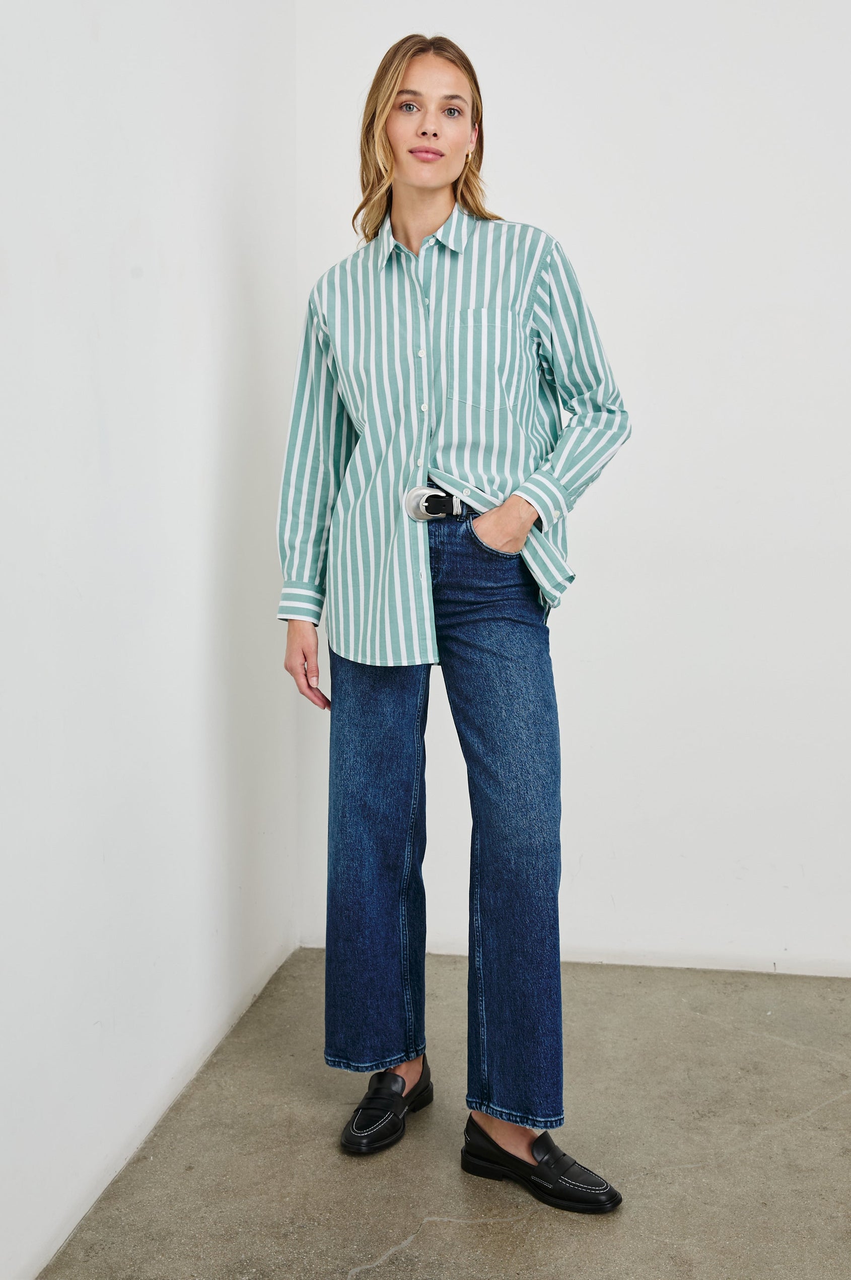 Elsa Long-Sleeve Button Down Shirt with Chest Patch Pocket in Agave White Stripe Colorway, Vertical Stripes - Front Full Body View Featured on Model