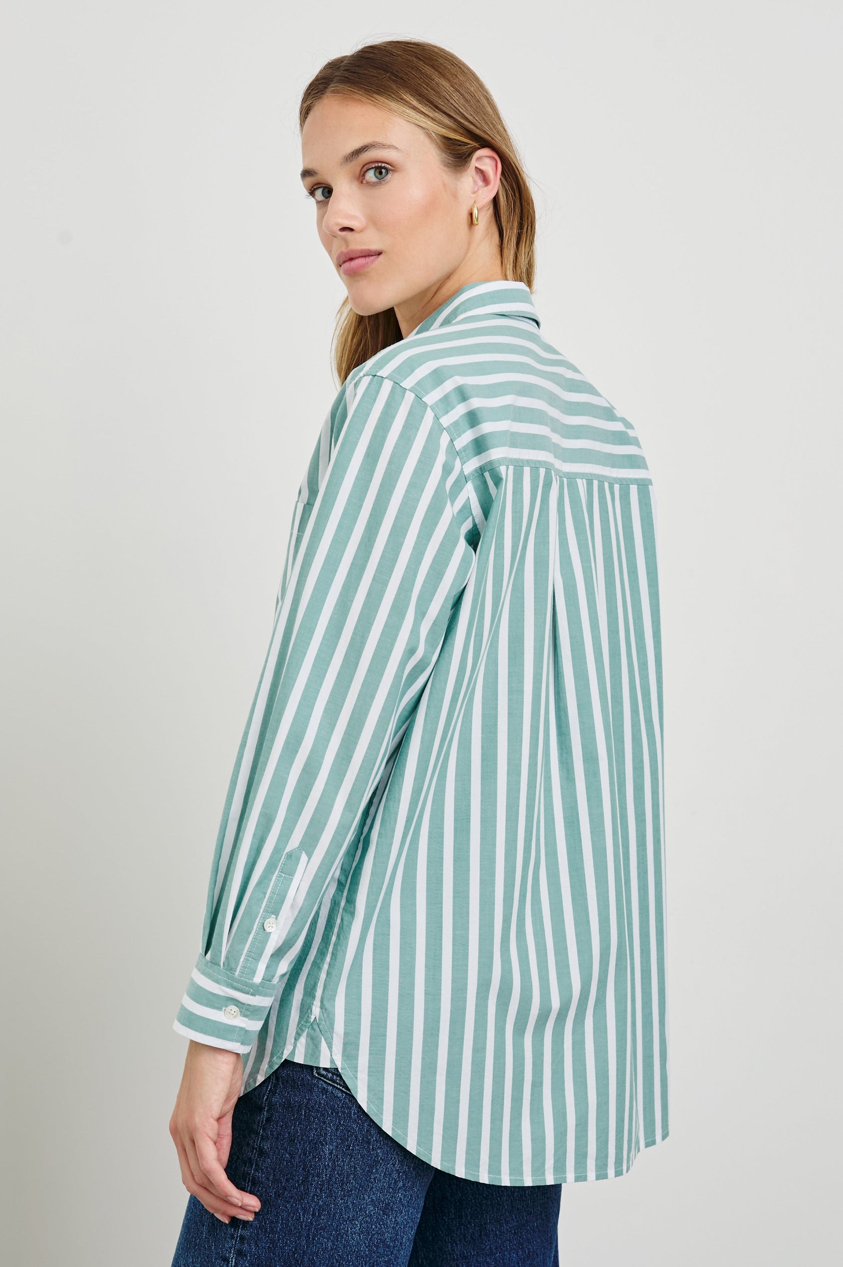 Elsa Long-Sleeve Button Down Shirt with Chest Patch Pocket in Agave White Stripe Colorway, Vertical Stripes - Back View Featured on Model