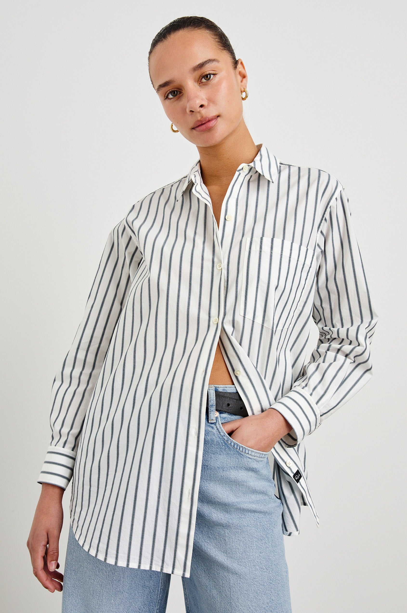 Elsa Oversized Long Sleeve Button Down Shirt With Collar And Cuffs In Chalk Slate Stripe - front view on model