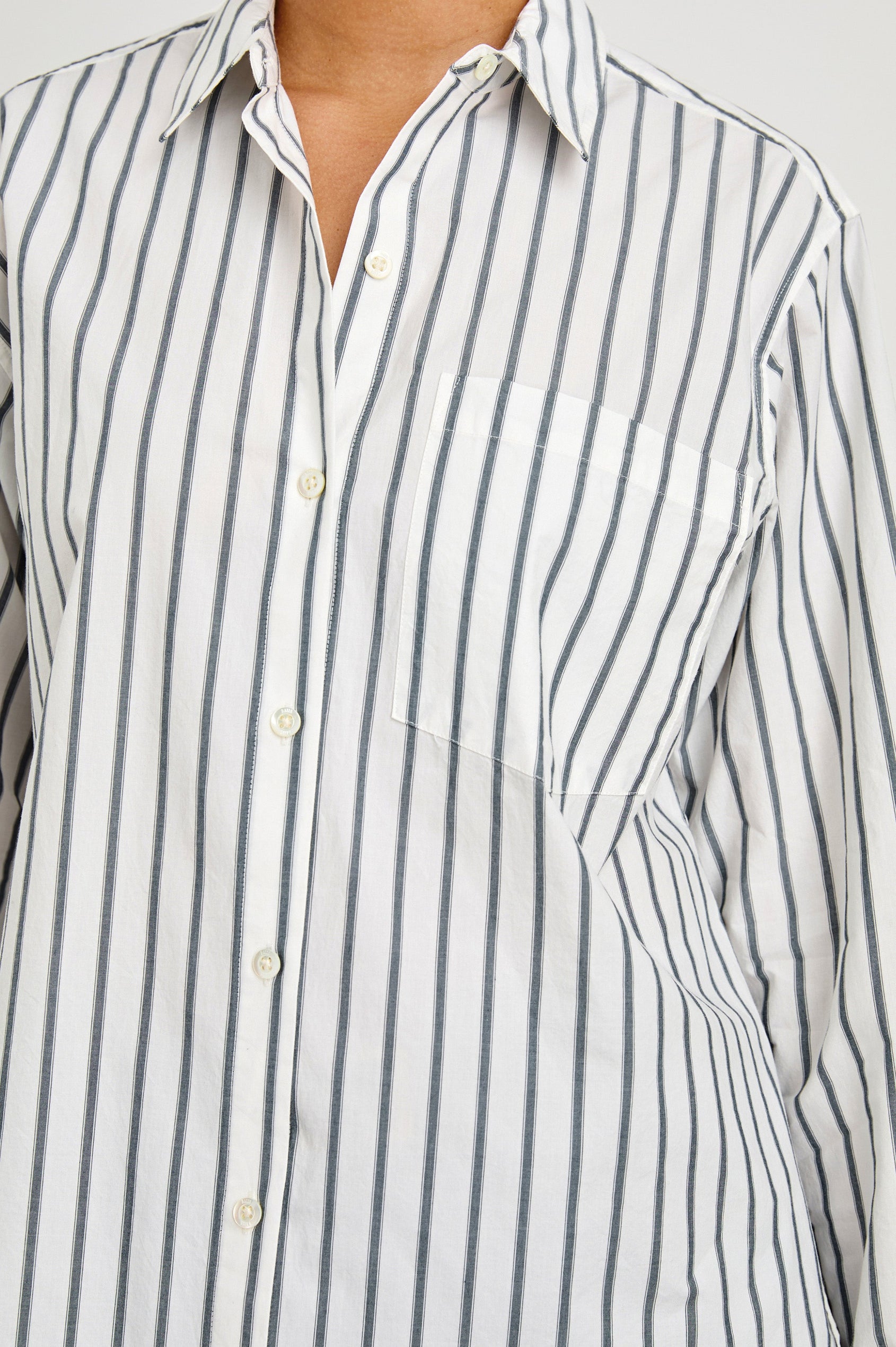 Elsa Oversized Long Sleeve Button Down Shirt With Collar And Cuffs In Chalk Slate Stripe - close up of details on model