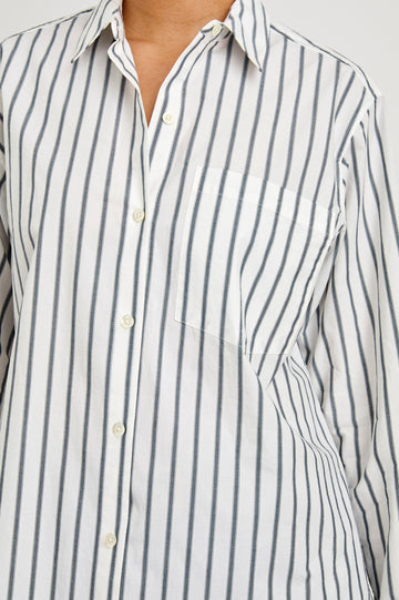 Elsa Oversized Long Sleeve Button Down Shirt With Collar And Cuffs In Chalk Slate Stripe - close up of details on model