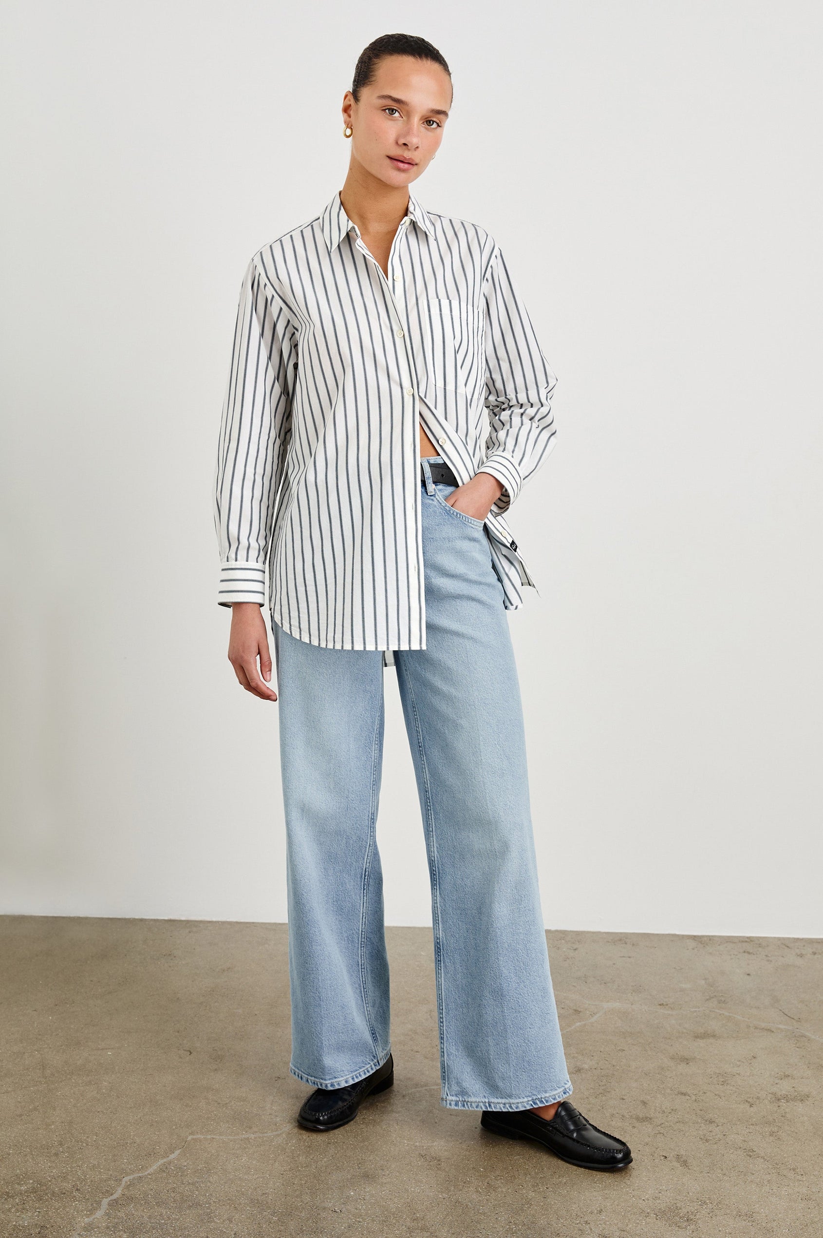 Elsa Oversized Long Sleeve Button Down Shirt With Collar And Cuffs In Chalk Slate Stripe - full body front view on model