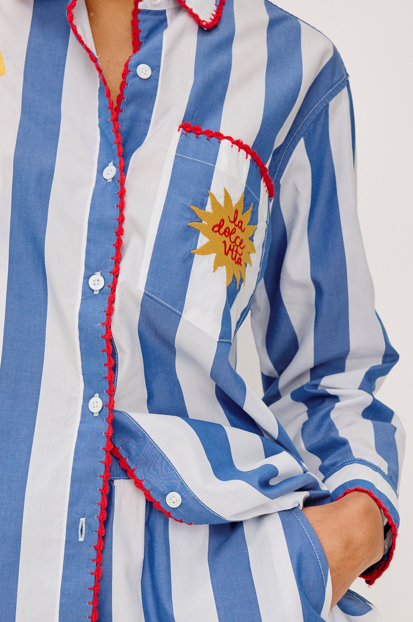 Elsa Button-Up Shirt in Cotton Poplin With Relaxed Oversized Fit, Classic, Chest Pocket, Long Sleeves, and Curved Hem in Dolce Vita Embroidery Colorway - Upper Body Front View Featured on Model