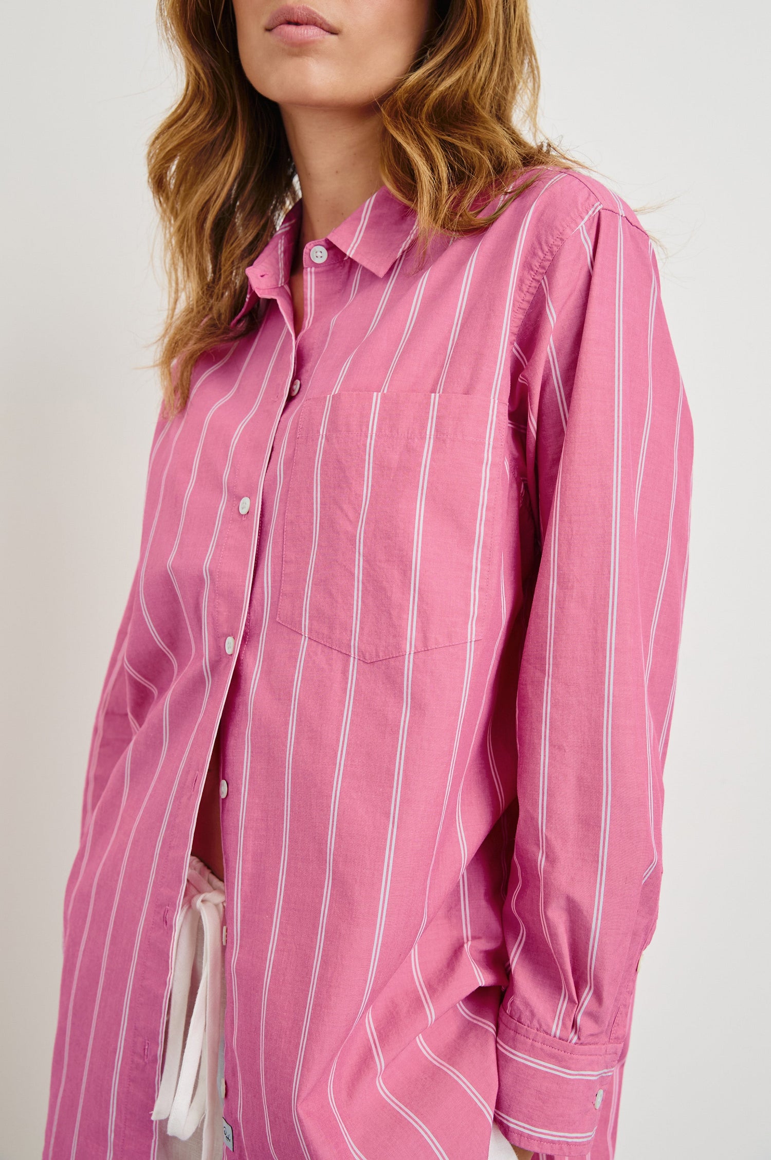 Elsa Oversized Long Sleeve Button Down Shirt With Collar And Cuffs In Colorway Hibiscus White Stripe - Detail View Featured On Model