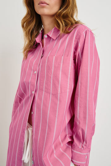 Elsa Oversized Long Sleeve Button Down Shirt With Collar And Cuffs In Colorway Hibiscus White Stripe - Detail View Featured On Model