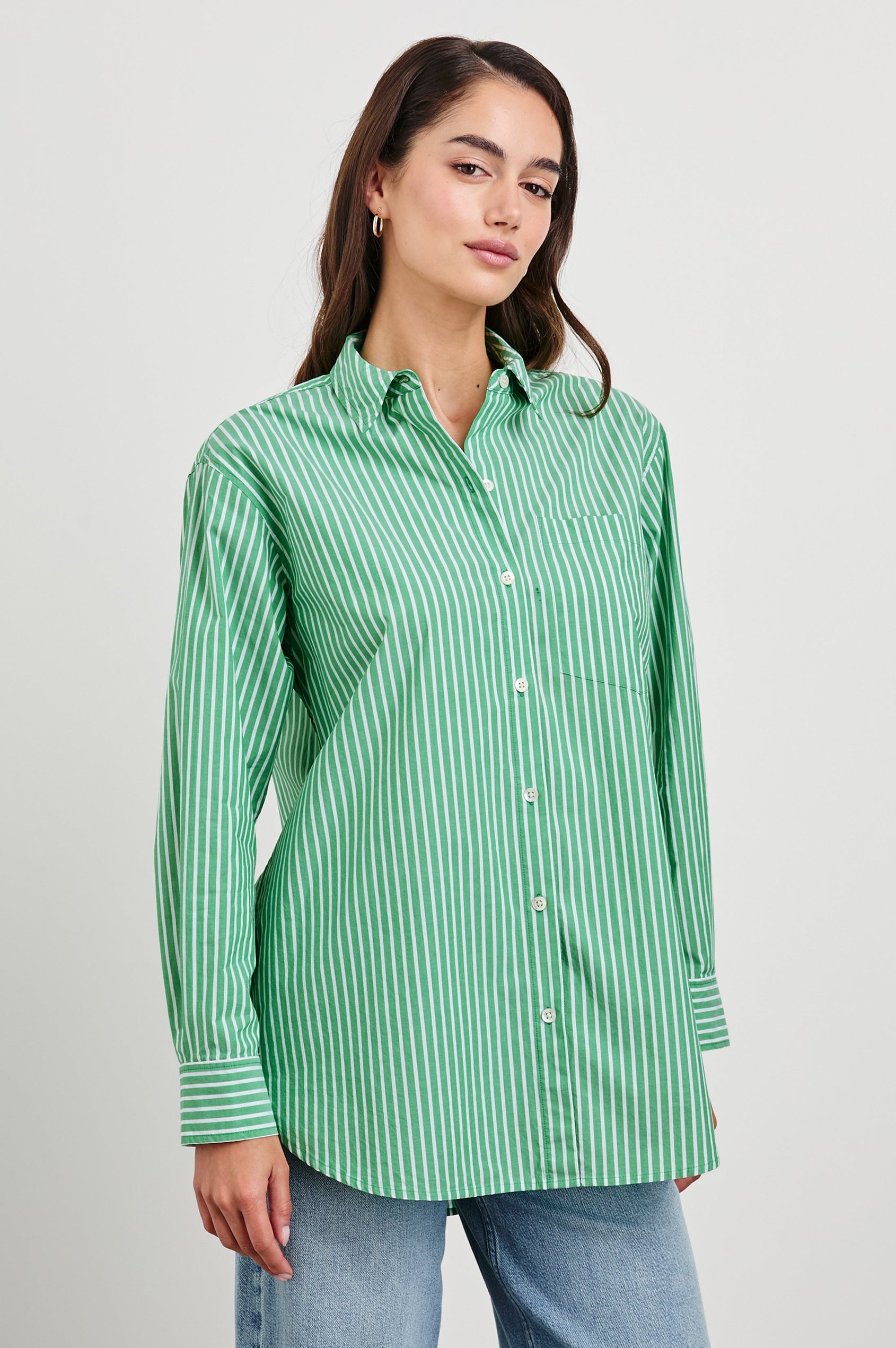 Elsa Oversized Long Sleeve Button Down Shirt With Collar And Cuffs In Colorway Kelly White Stripe - Front View Buttoned Featured On Model