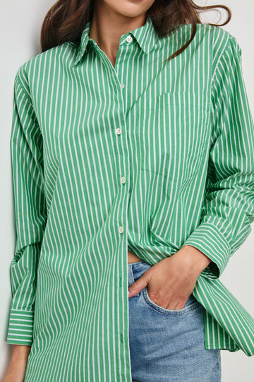 Elsa Oversized Long Sleeve Button Down Shirt With Collar And Cuffs In Colorway Kelly White Stripe - Detail View Featured On Model