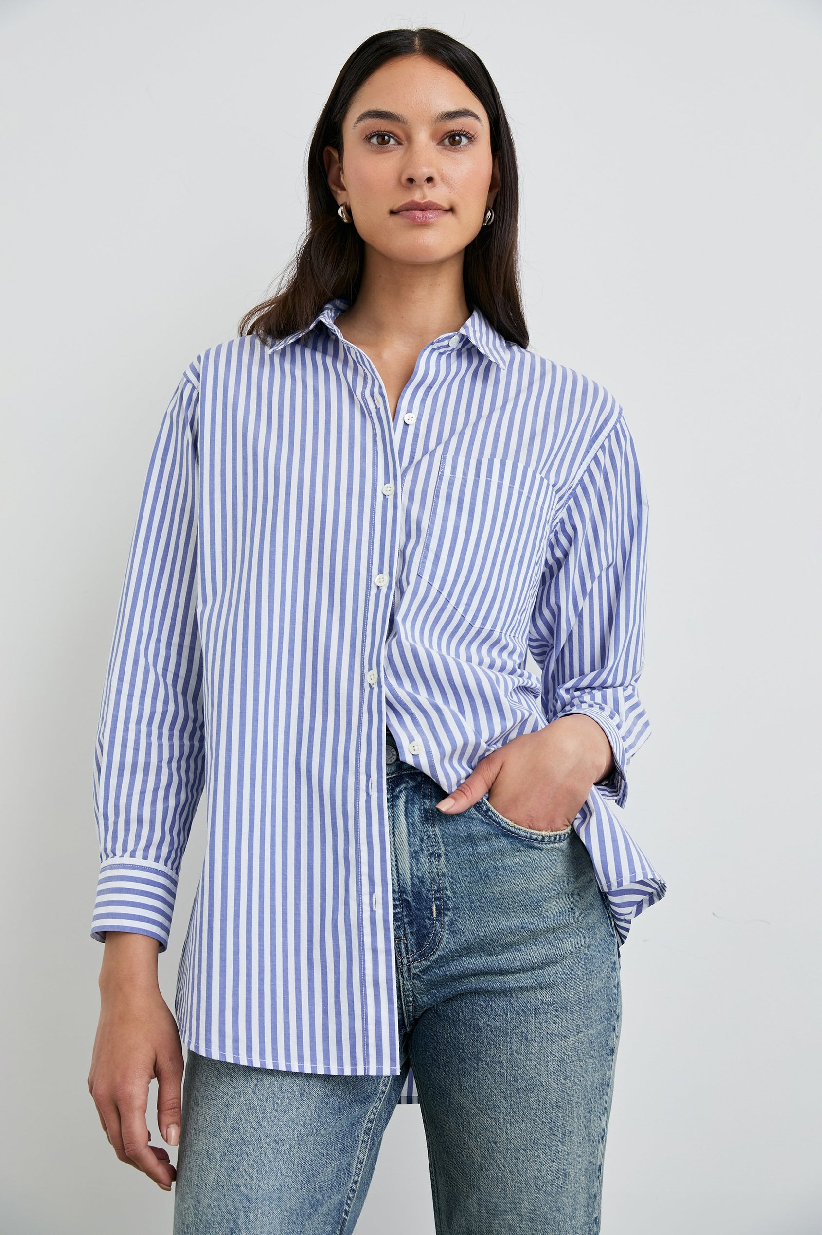 Elsa Long-Sleeve Button Down Shirt with Chest Patch Pocket in Mariner White Stripe Colorway, Vertical Blue and White Stripes - Front View Featured on Model