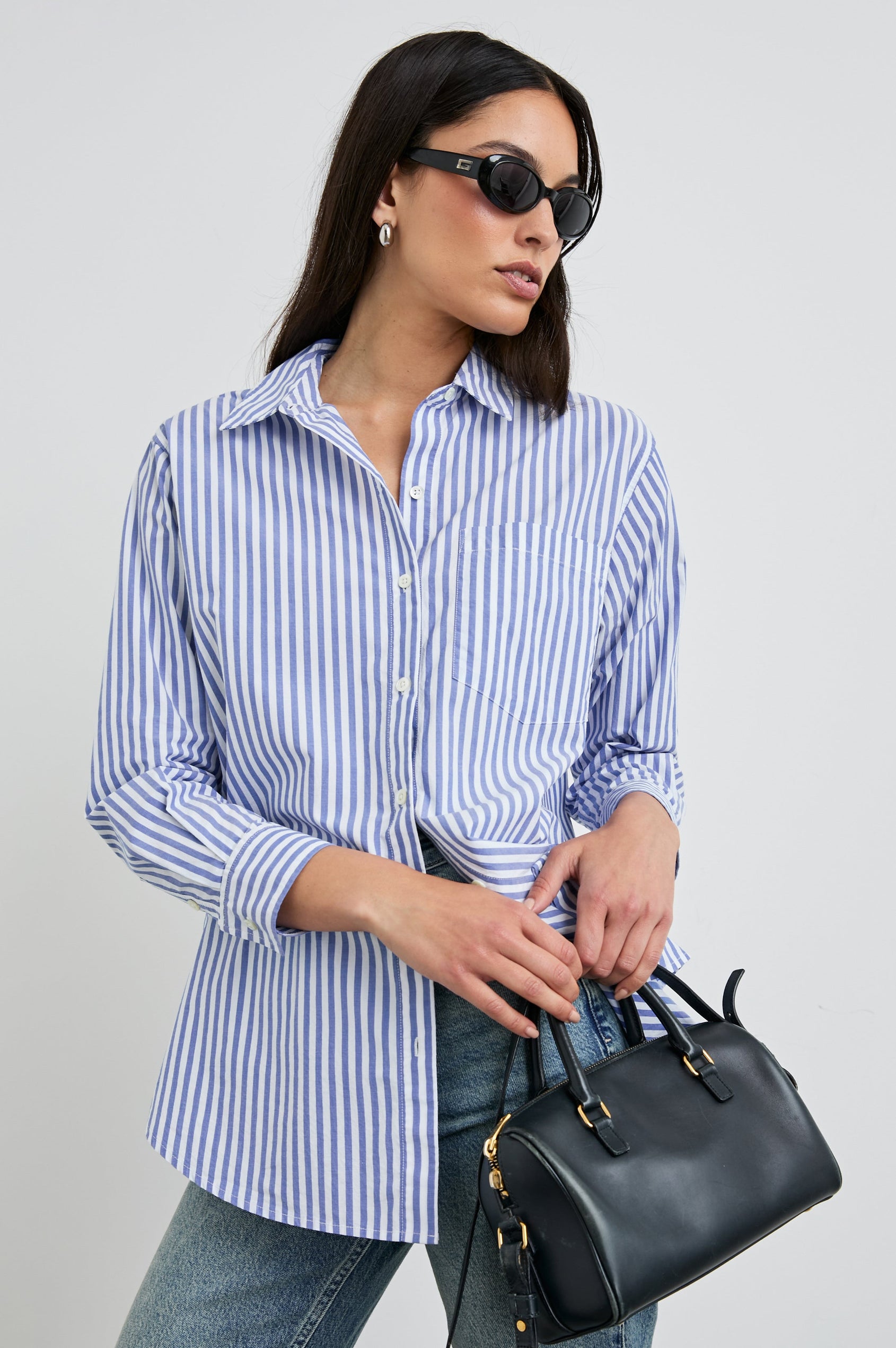 Elsa Long-Sleeve Button Down Shirt with Chest Patch Pocket in Mariner White Stripe Colorway, Vertical Blue and White Stripes - Front View Featured on Model